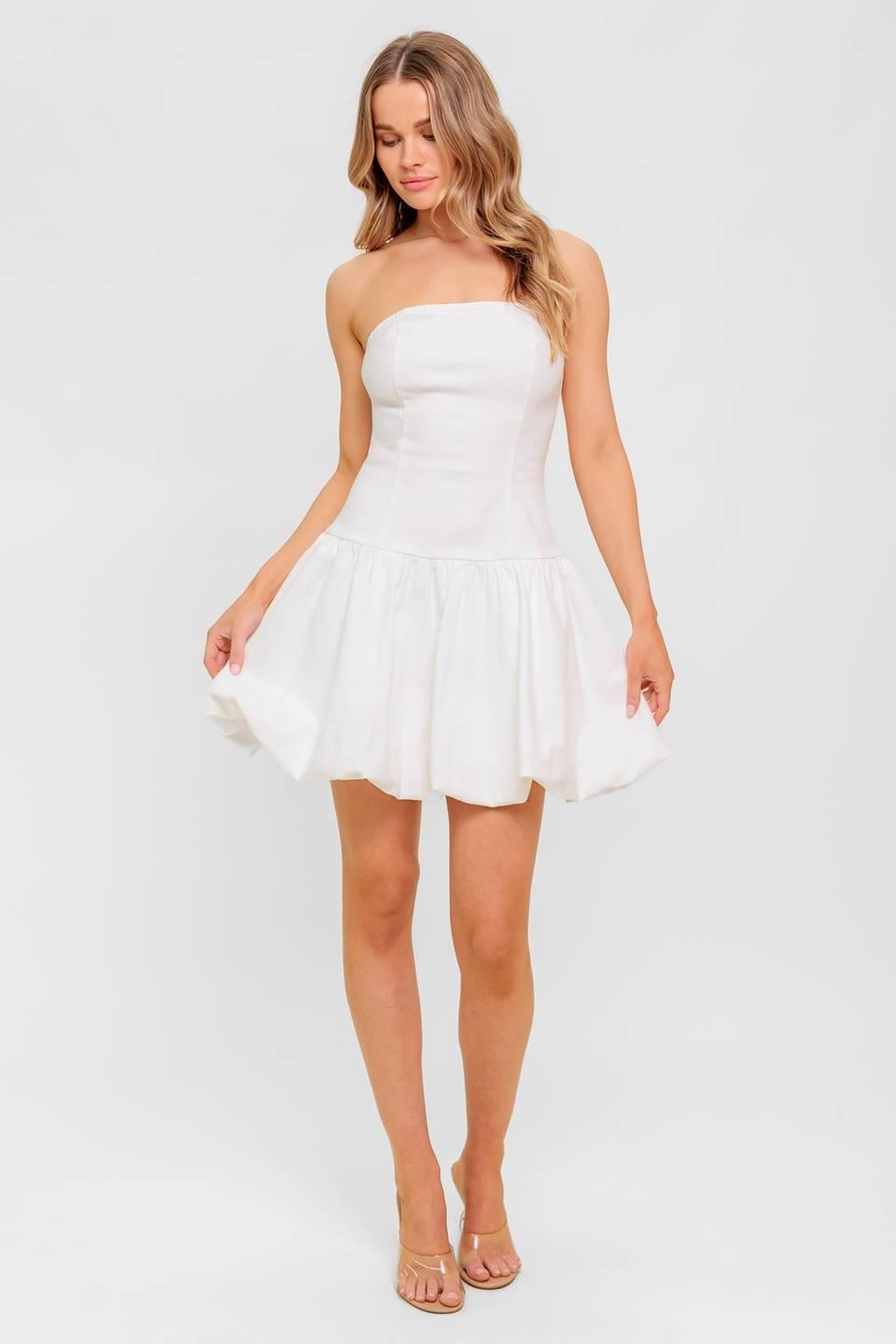 Twilight Wish Woven Twill Mini Dress in white denim, view 1 — Soul Flow Apparel