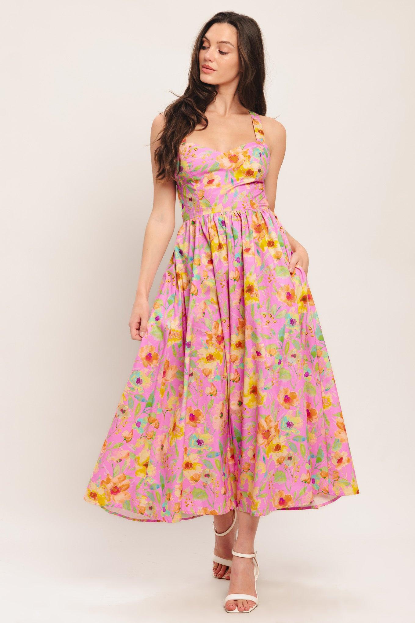 Rosy Daydream Woven Midi Dress in pink, view 1 — Soul Flow Apparel