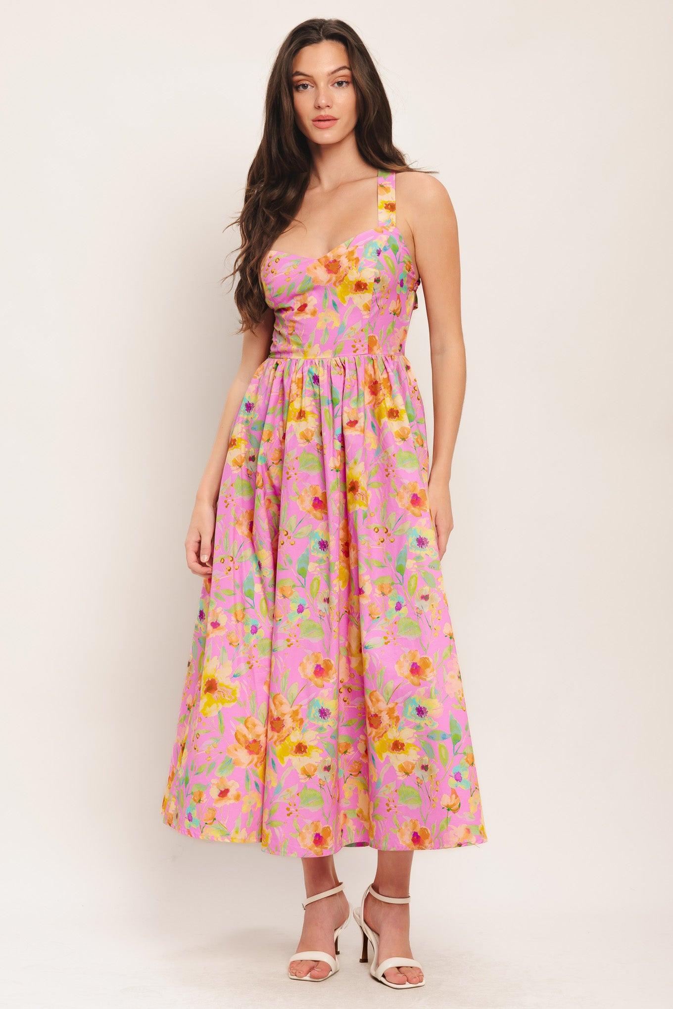 Rosy Daydream Woven Midi Dress in pink, view 2 — Soul Flow Apparel
