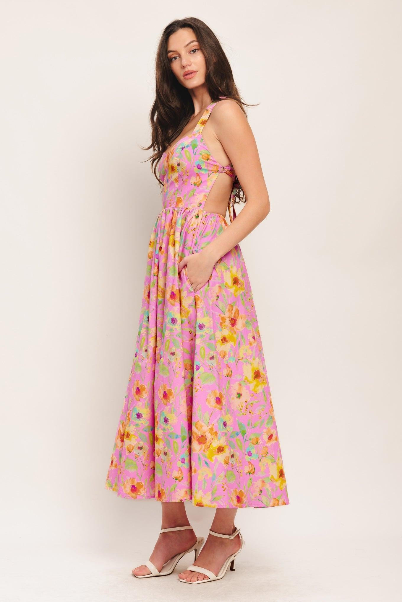 Rosy Daydream Woven Midi Dress in pink, view 3 — Soul Flow Apparel