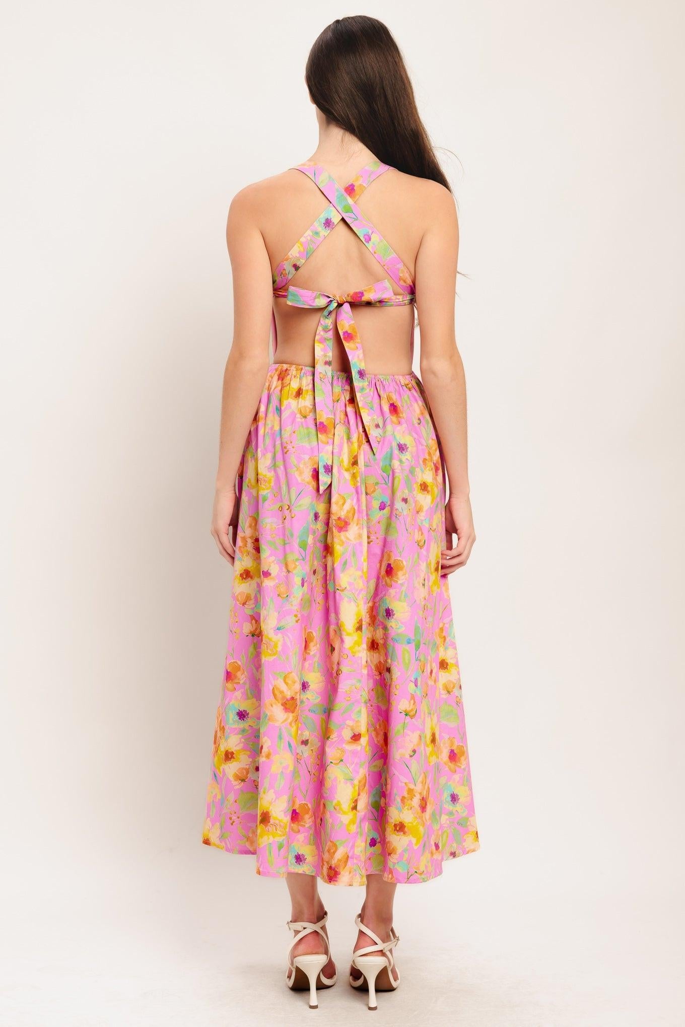 Rosy Daydream Woven Midi Dress in pink, view 5 — Soul Flow Apparel