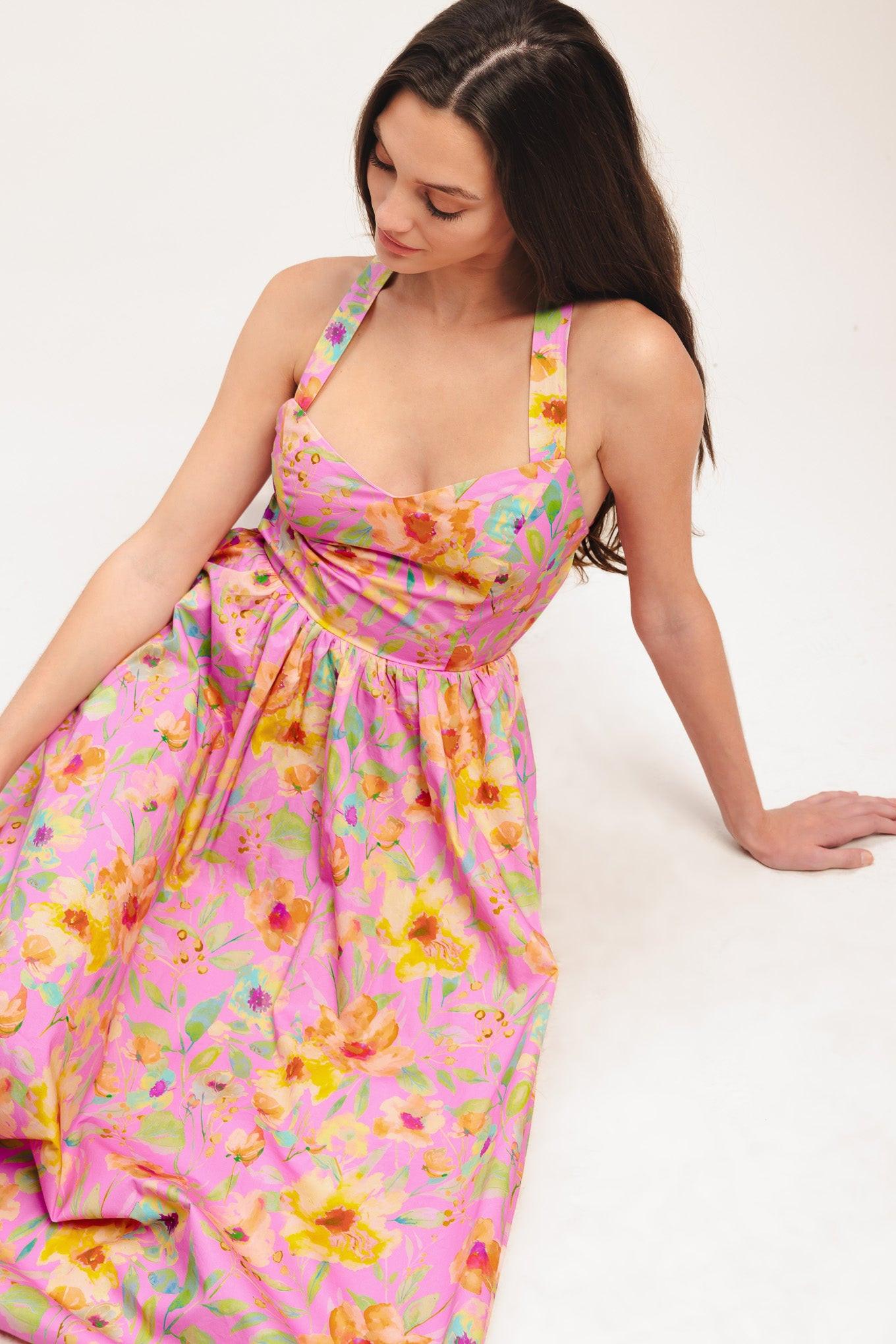 Rosy Daydream Woven Midi Dress in pink, view 7 — Soul Flow Apparel