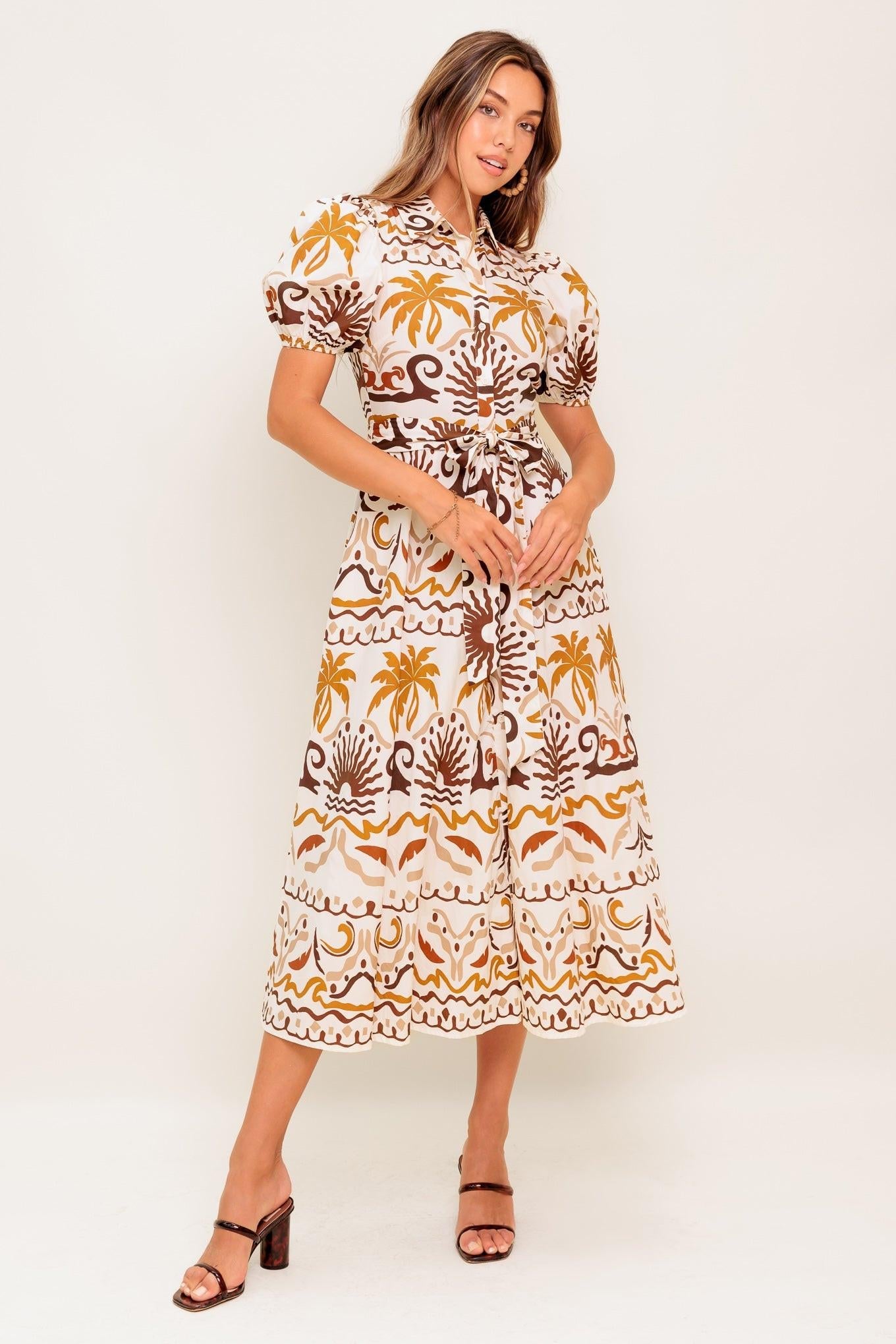 Tropicana Sunset Woven Midi Dress in ivory brown, view 1 — Soul Flow Apparel