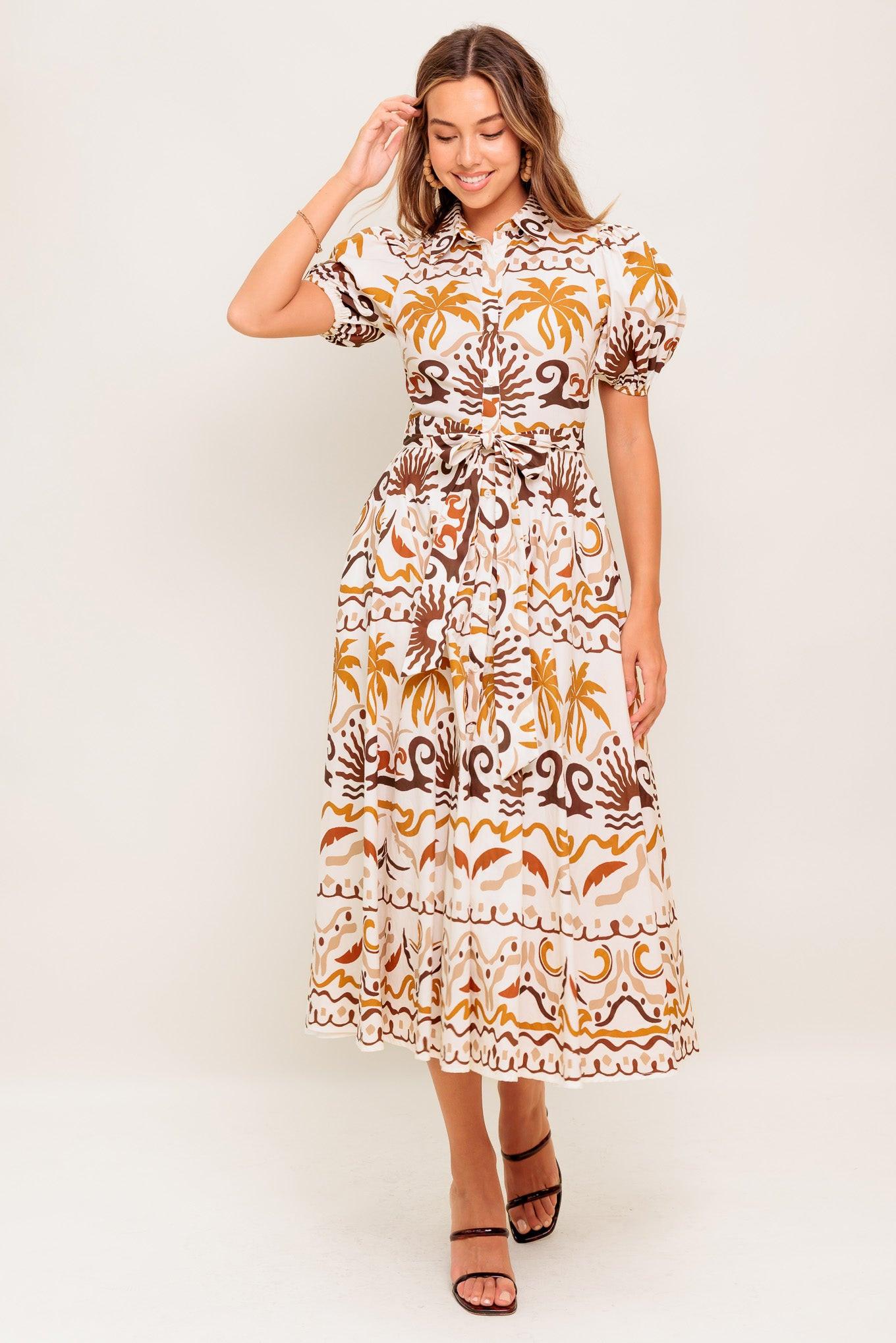 Tropicana Sunset Woven Midi Dress in ivory brown, view 2 — Soul Flow Apparel