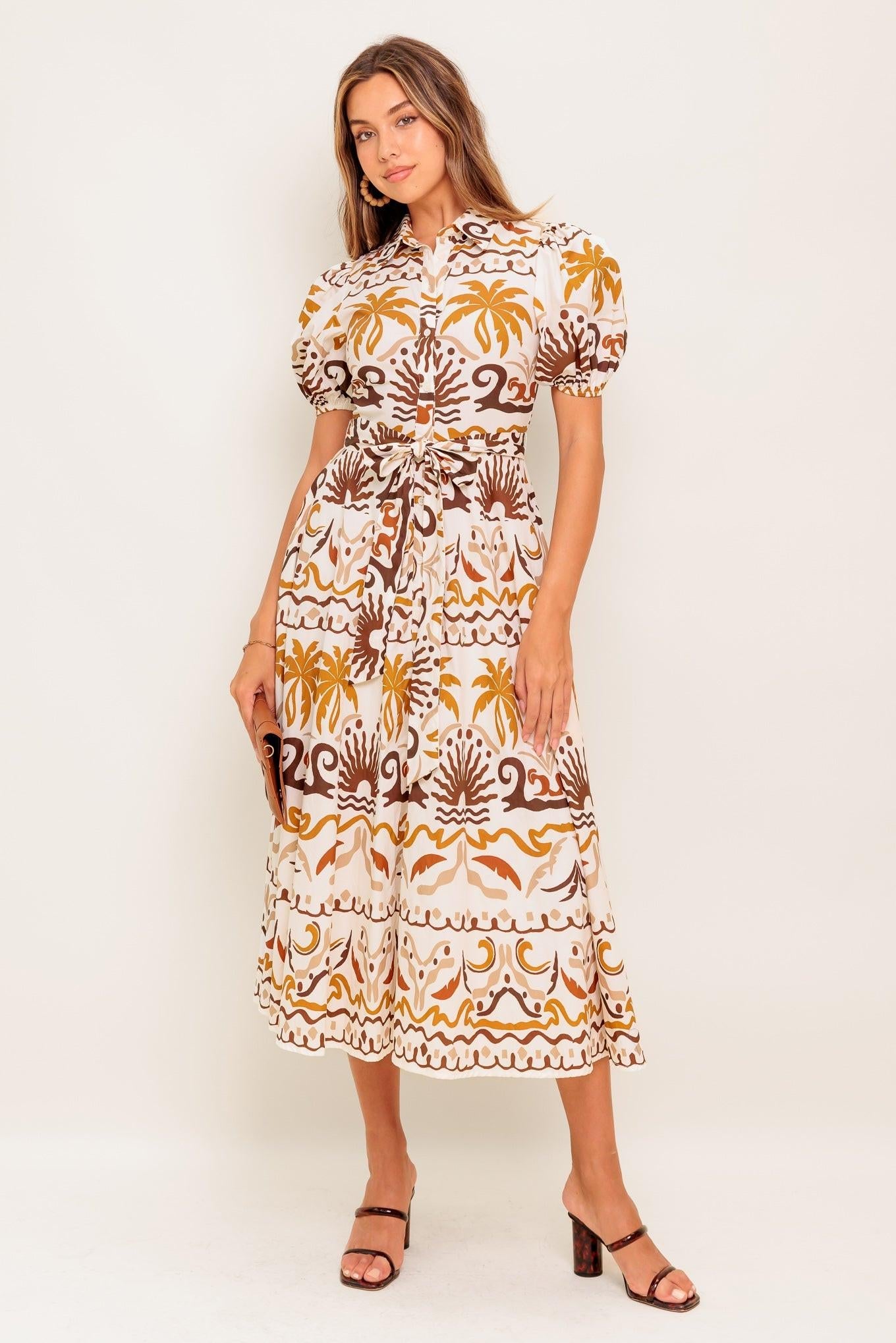 Tropicana Sunset Woven Midi Dress in ivory brown, view 3 — Soul Flow Apparel