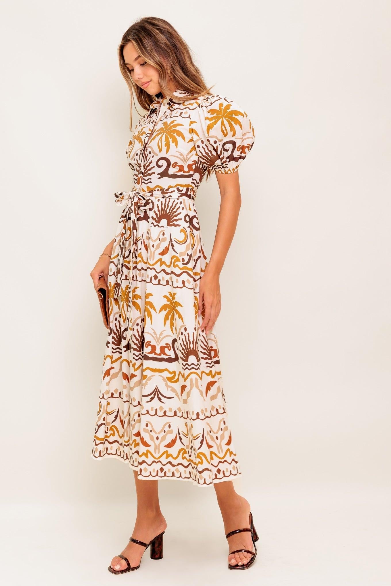 Tropicana Sunset Woven Midi Dress in ivory brown, view 4 — Soul Flow Apparel