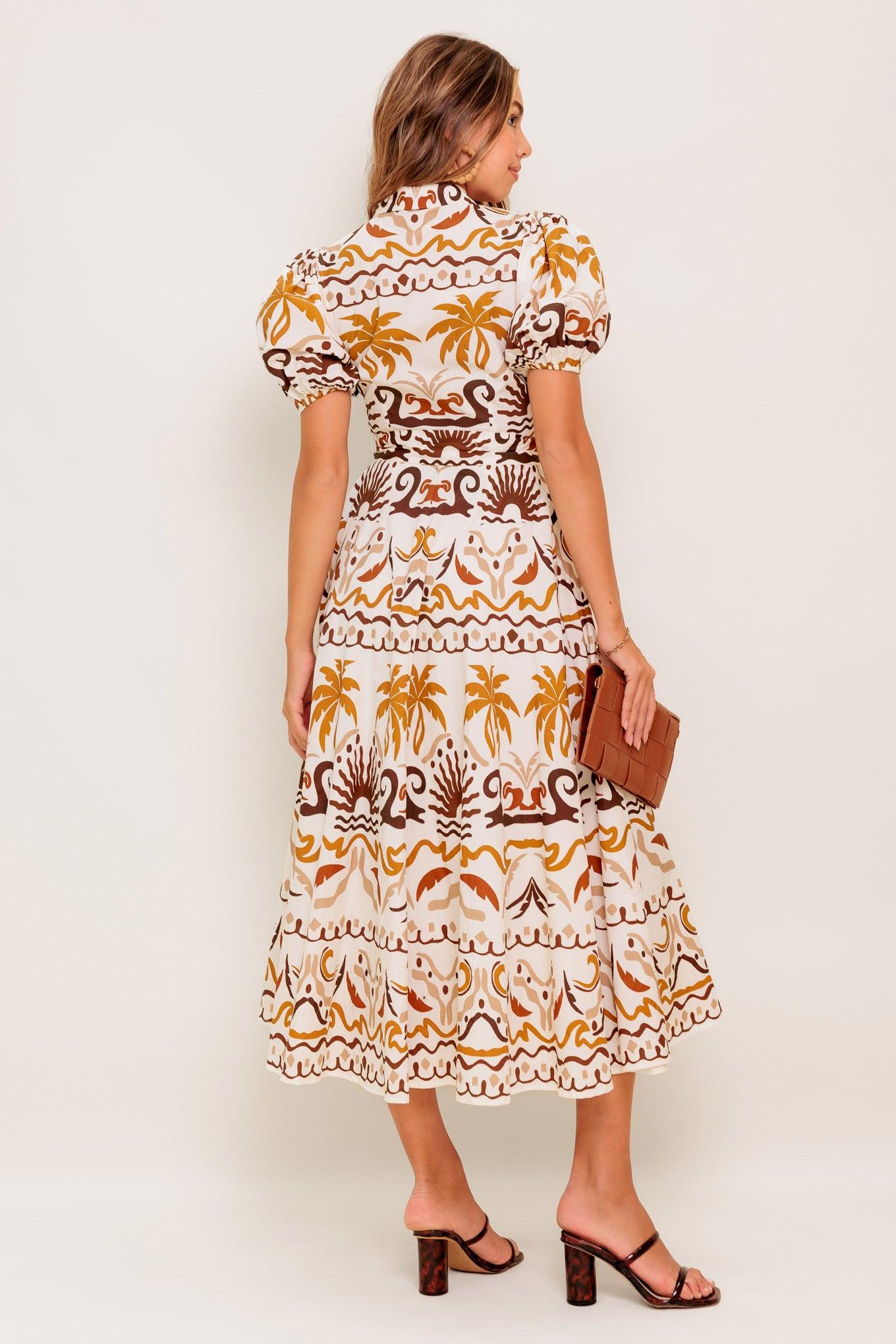 Tropicana Sunset Woven Midi Dress in ivory brown, view 5 — Soul Flow Apparel