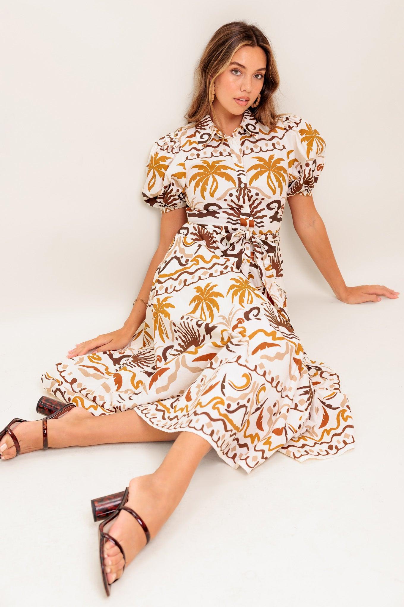Tropicana Sunset Woven Midi Dress in ivory brown, view 7 — Soul Flow Apparel