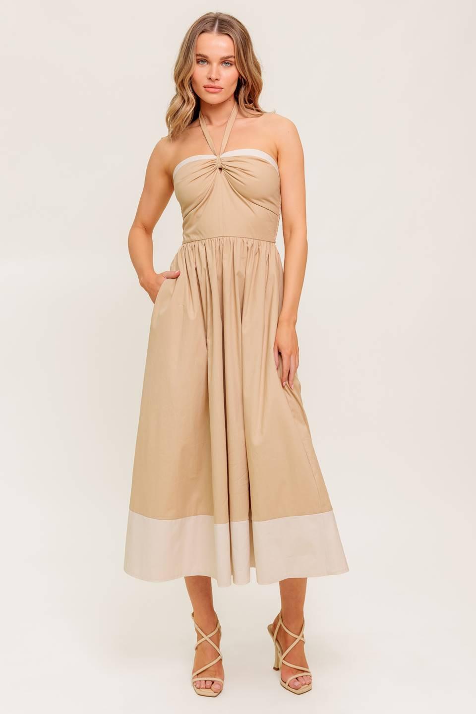 Hydrangea Haze Woven Midi Dress in taupe, view 1 — Soul Flow Apparel