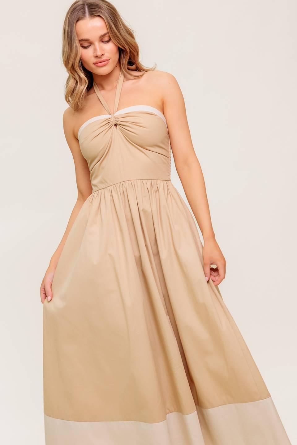 Hydrangea Haze Woven Midi Dress in taupe, view 2 — Soul Flow Apparel
