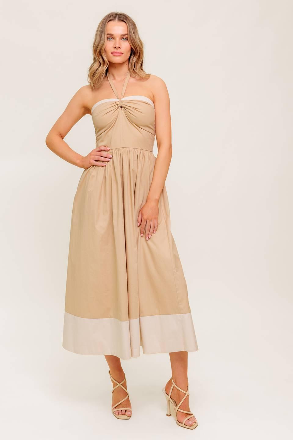 Hydrangea Haze Woven Midi Dress in taupe, view 3 — Soul Flow Apparel