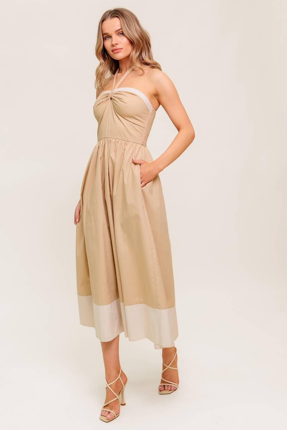 Hydrangea Haze Woven Midi Dress in taupe, view 5 — Soul Flow Apparel