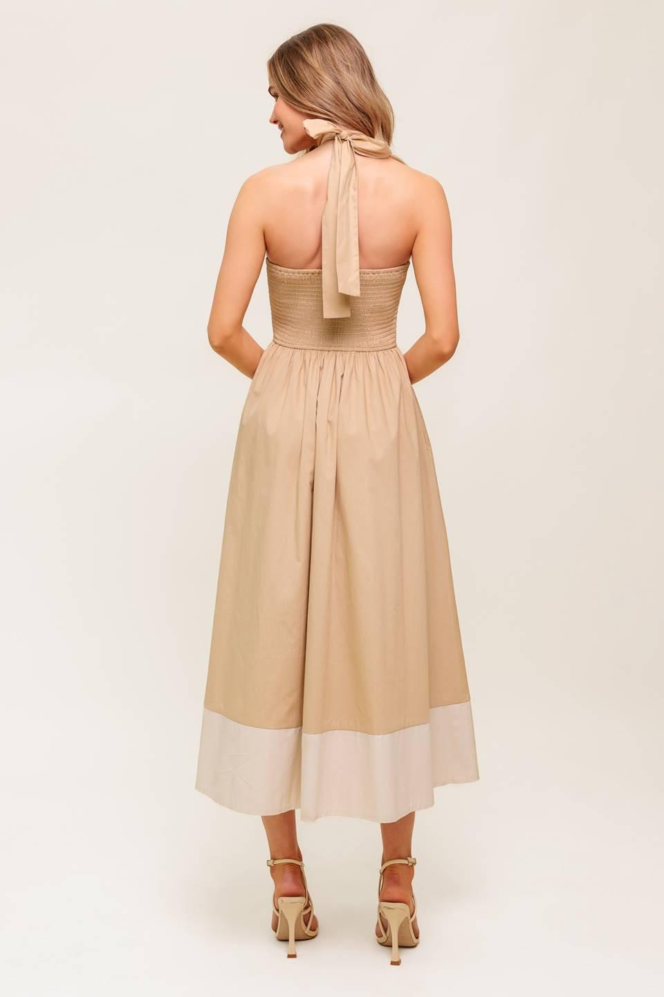 Hydrangea Haze Woven Midi Dress in taupe, view 6 — Soul Flow Apparel