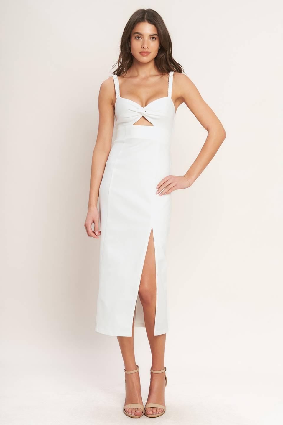 Silent Shin Twill Midi Dress in white denim, view 1 — Soul Flow Apparel