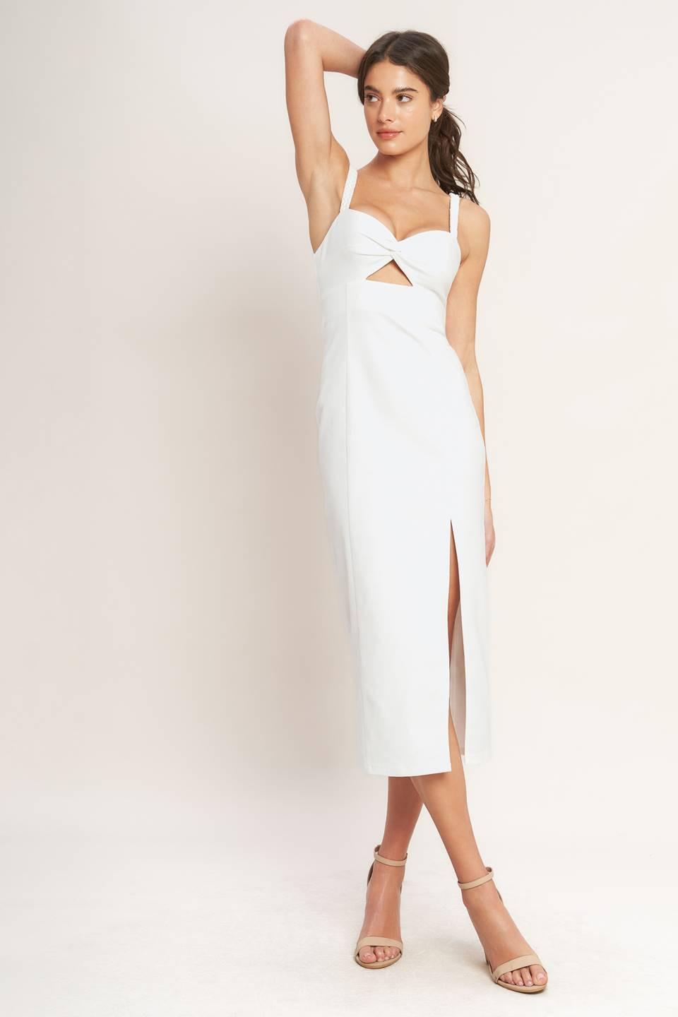 Silent Shin Twill Midi Dress in white denim, view 3 — Soul Flow Apparel