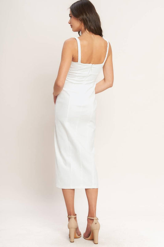 Silent Shin Twill Midi Dress in white denim, view 6 — Soul Flow Apparel