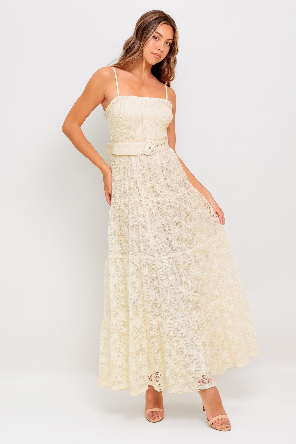 Paradise Awaits Woven Lace Ankle Dress in cream, view 1 — Soul Flow Apparel