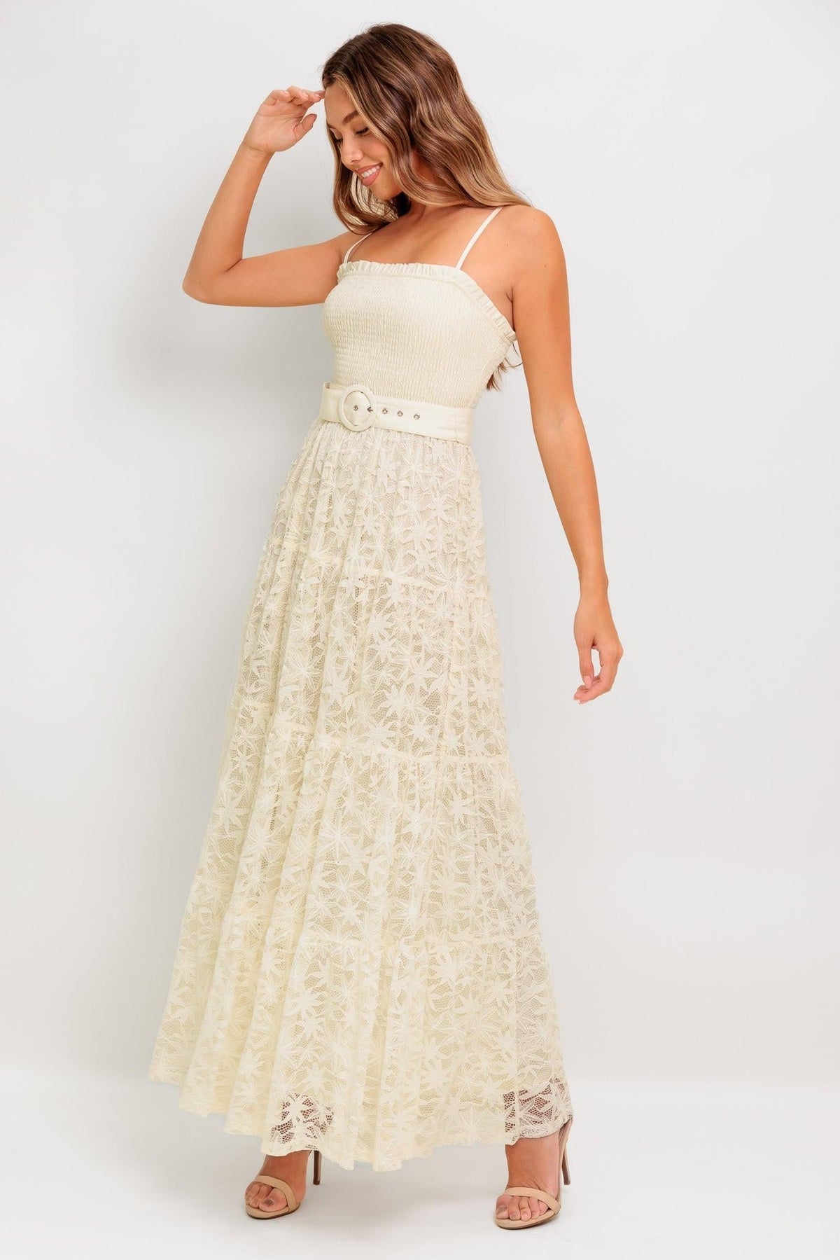 Paradise Awaits Woven Lace Ankle Dress in cream, view 3 — Soul Flow Apparel