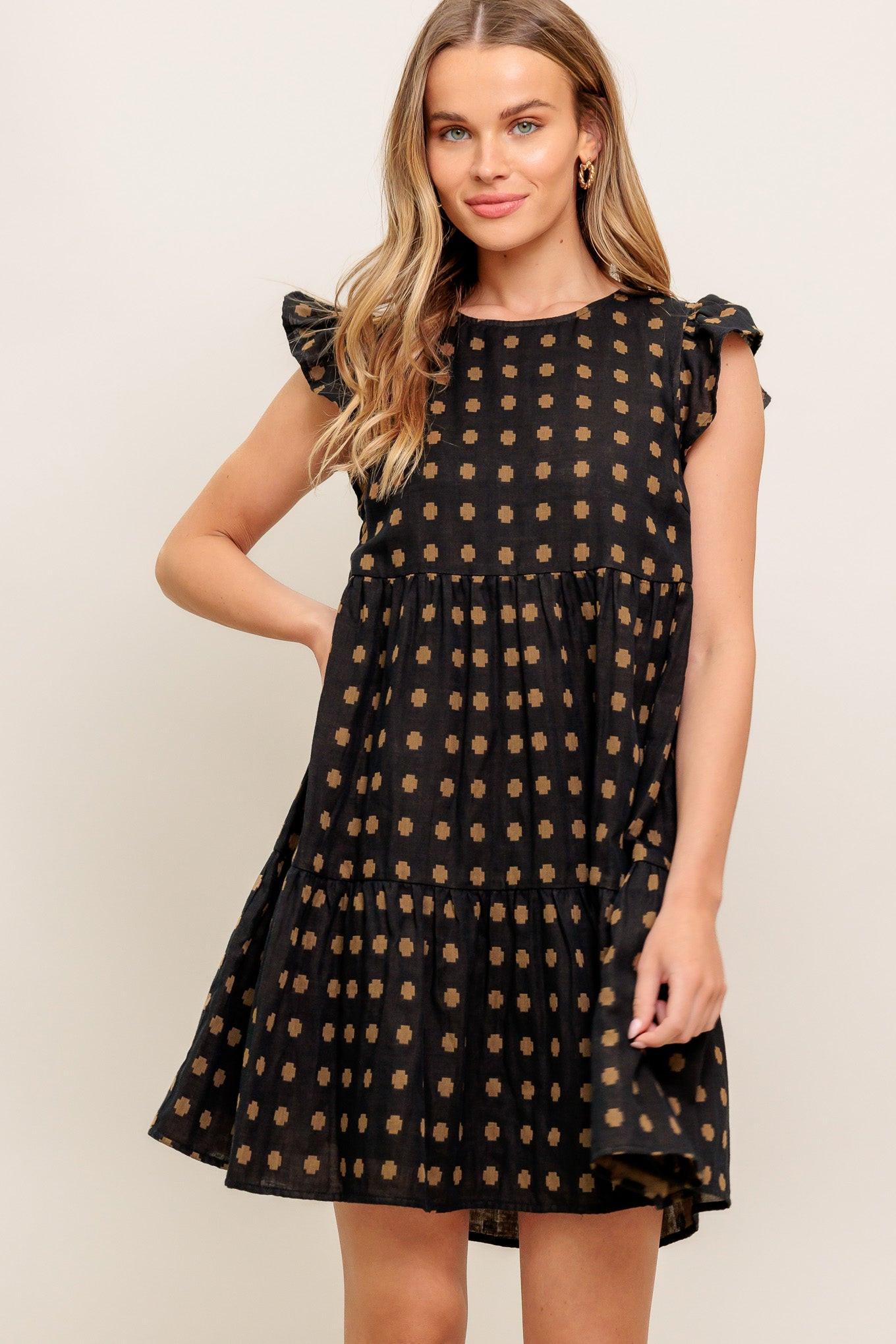Polka Breeze Woven Mini Dress in black brown, view 1 — Soul Flow Apparel