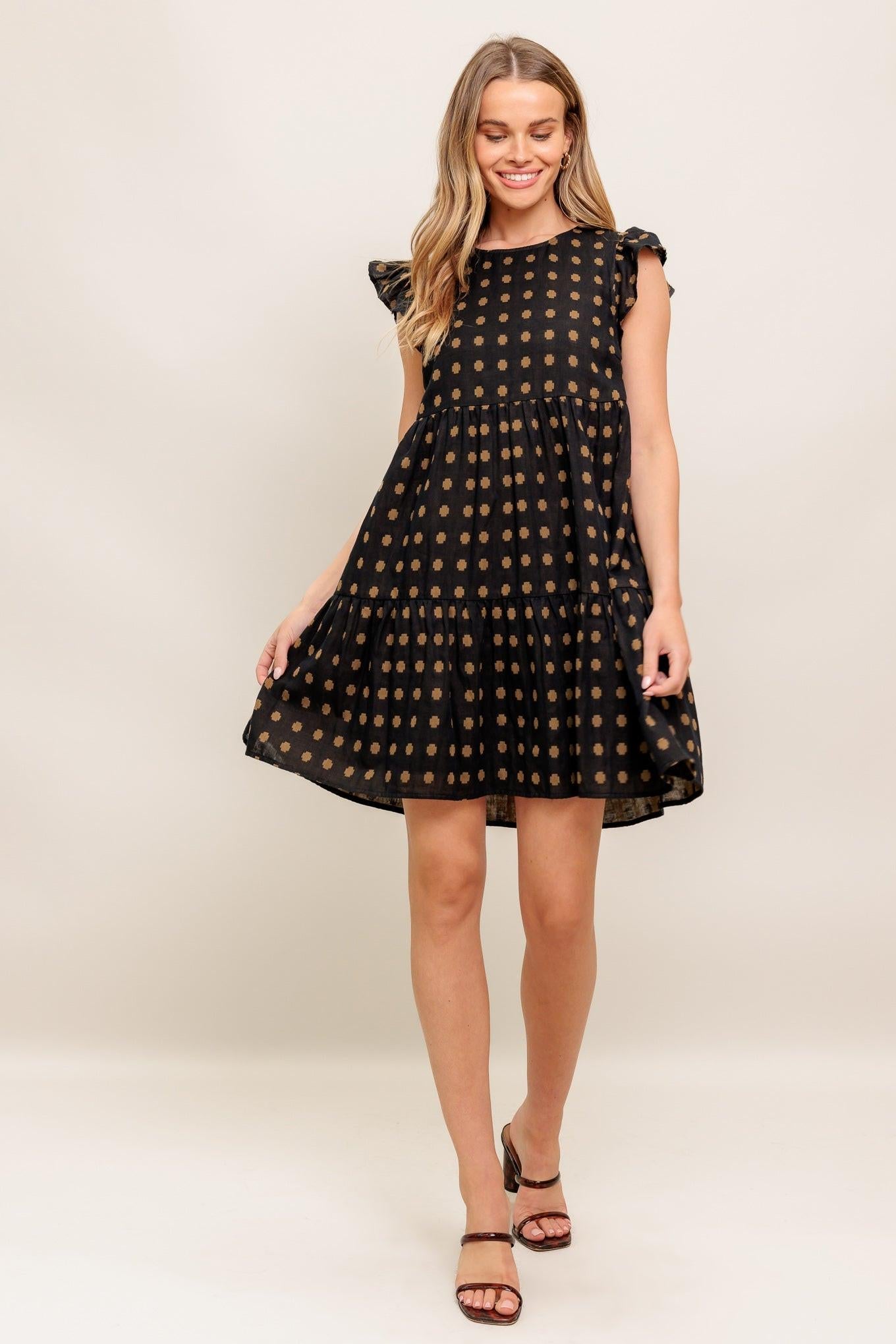 Polka Breeze Woven Mini Dress in black brown, view 2 — Soul Flow Apparel