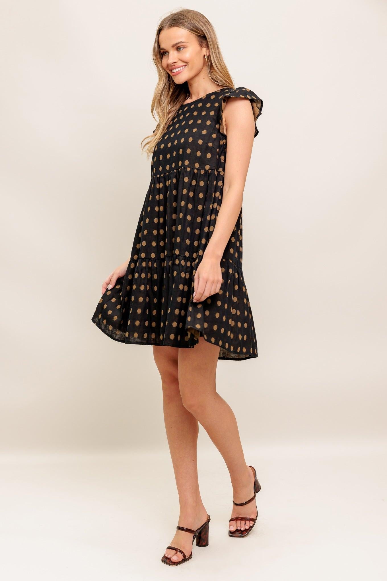 Polka Breeze Woven Mini Dress in black brown, view 3 — Soul Flow Apparel