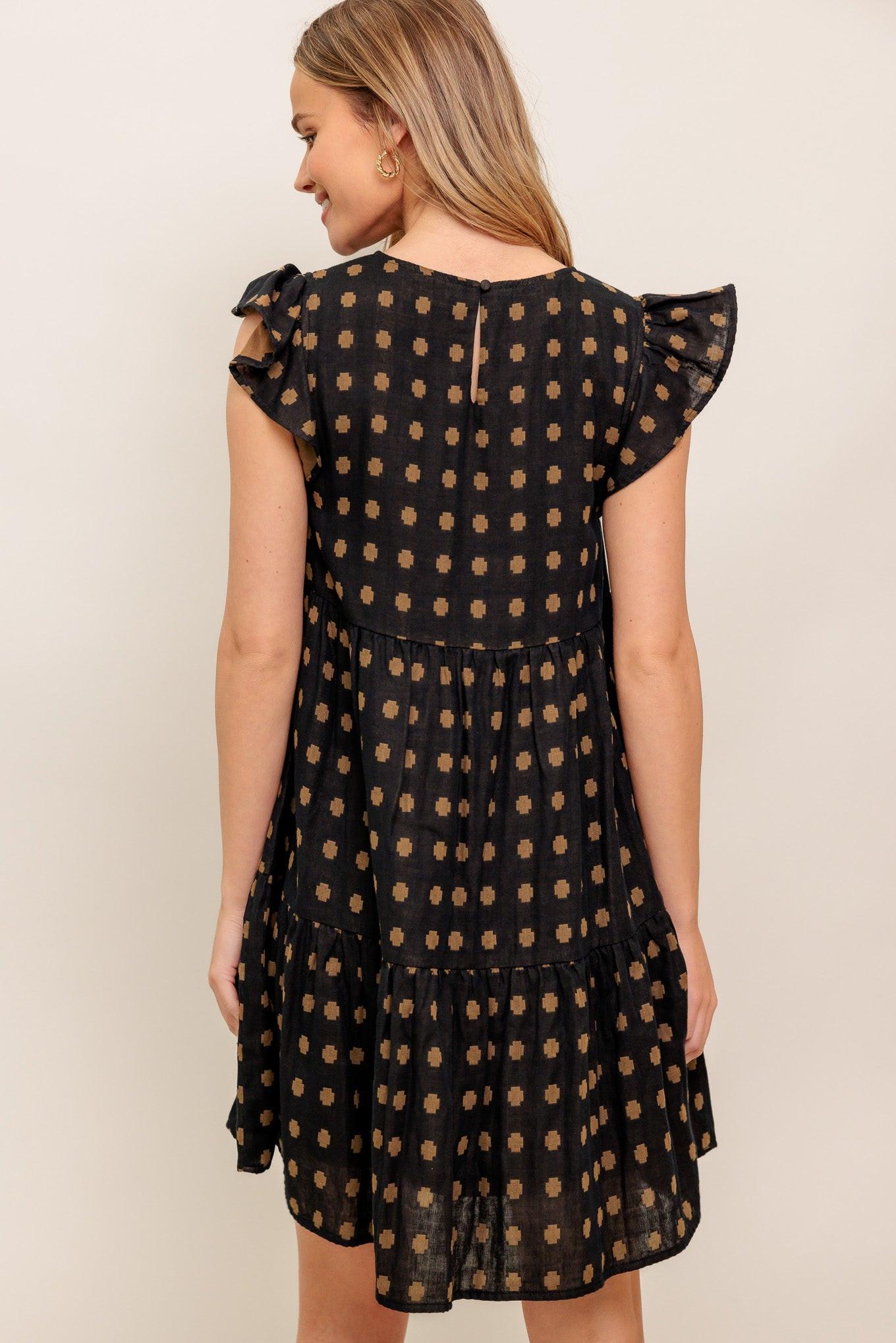 Polka Breeze Woven Mini Dress in black brown, view 6 — Soul Flow Apparel