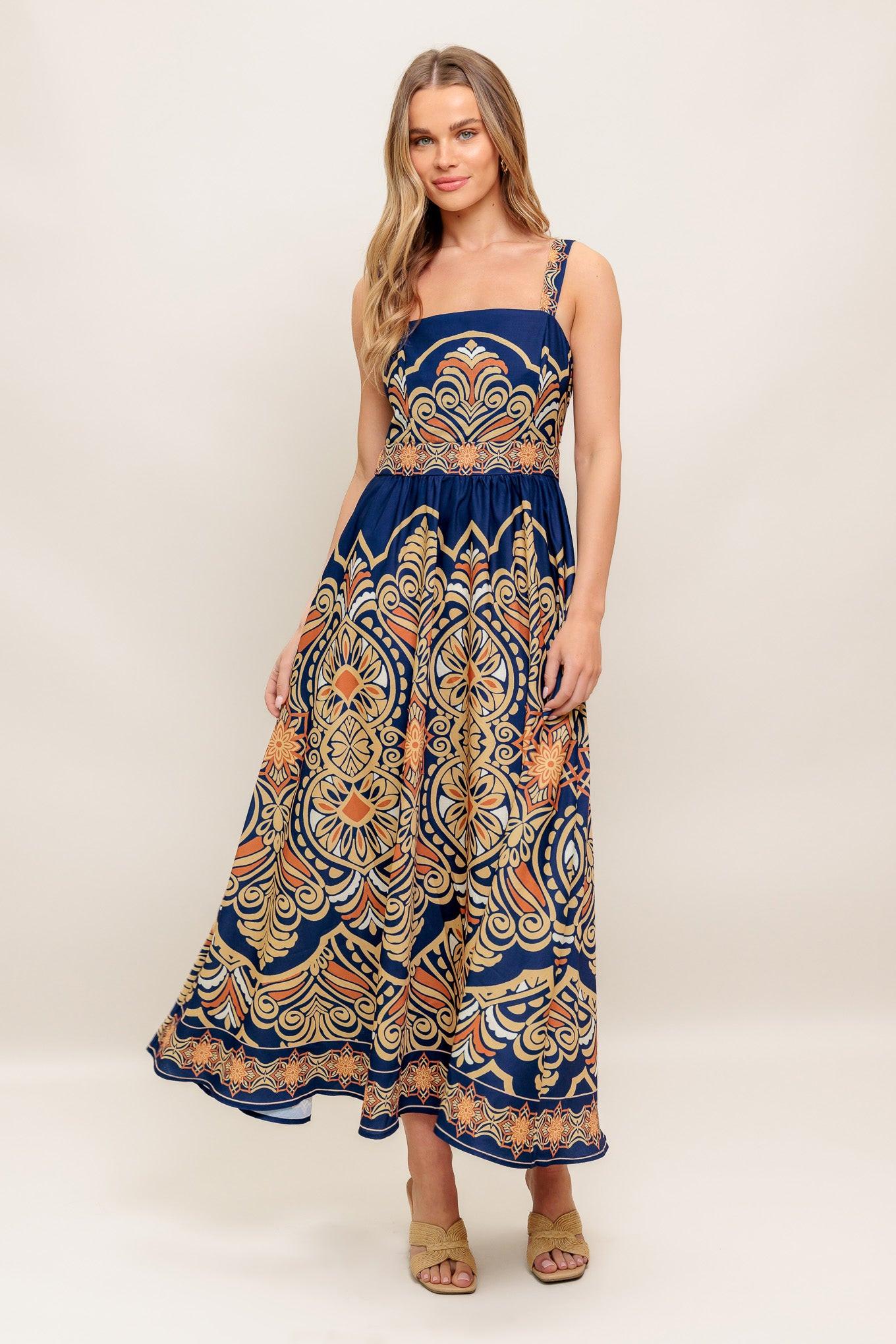 Sahara Dreams Woven Midi Dress in navy, view 1 — Soul Flow Apparel