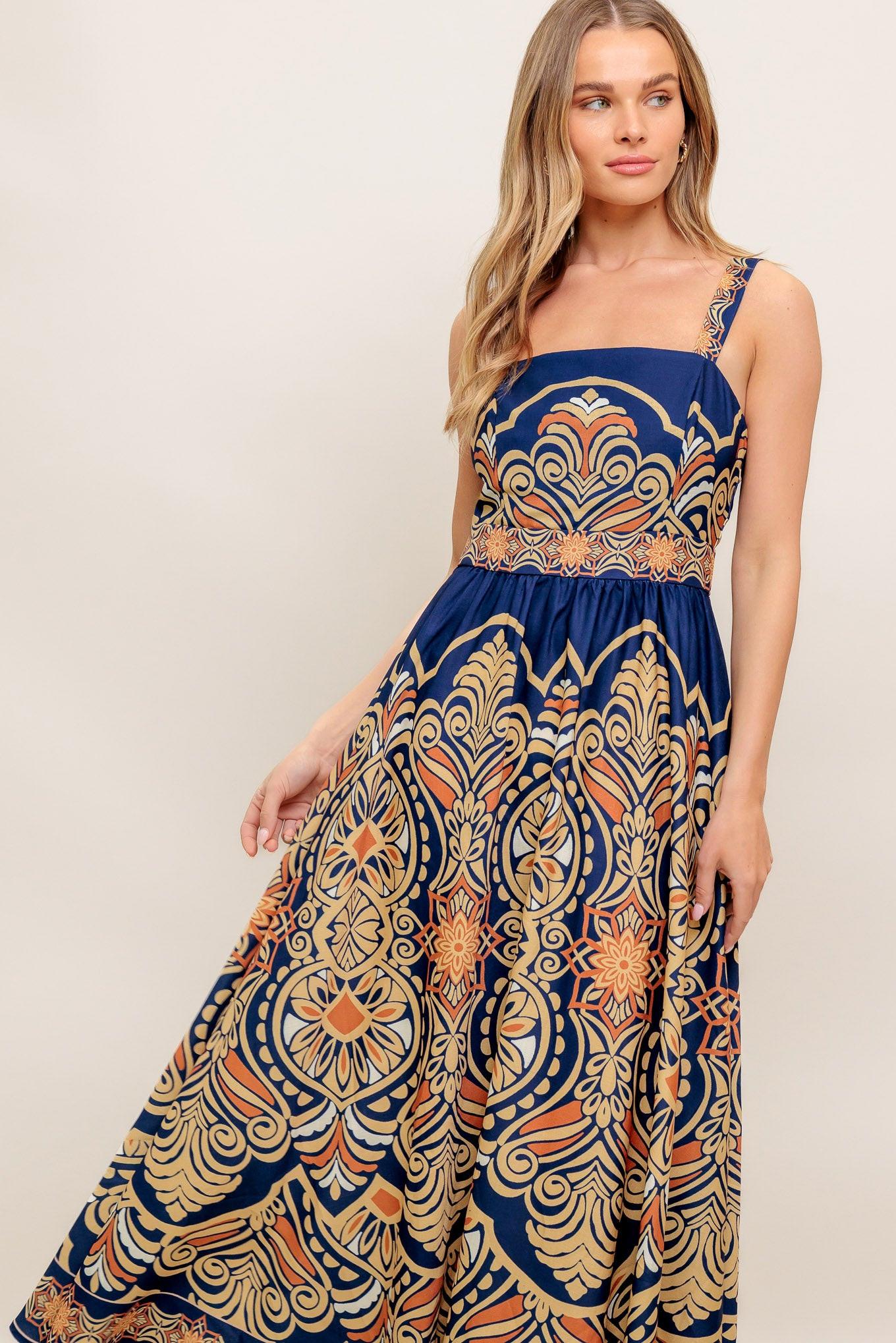 Sahara Dreams Woven Midi Dress in navy, view 2 — Soul Flow Apparel