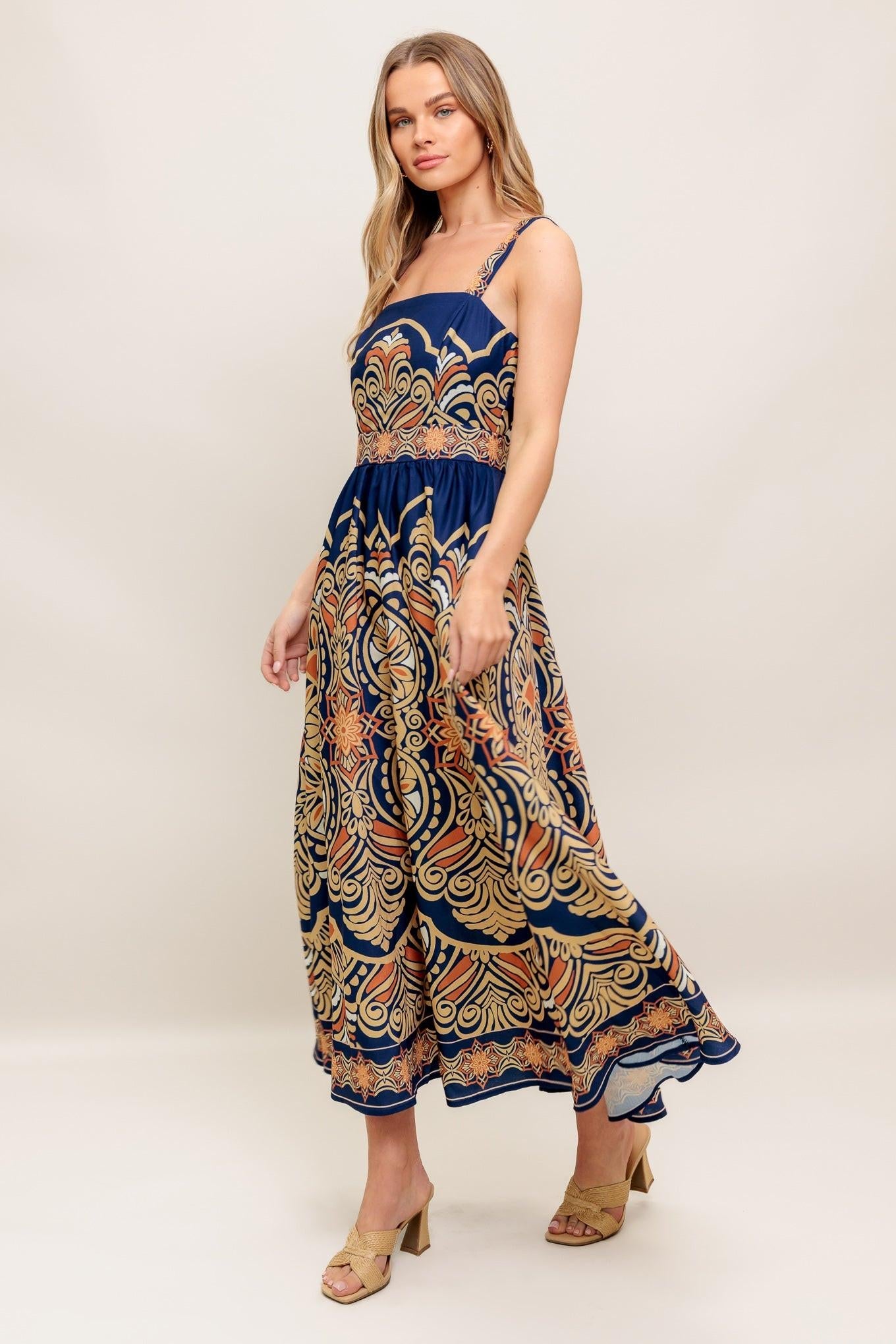 Sahara Dreams Woven Midi Dress in navy, view 3 — Soul Flow Apparel
