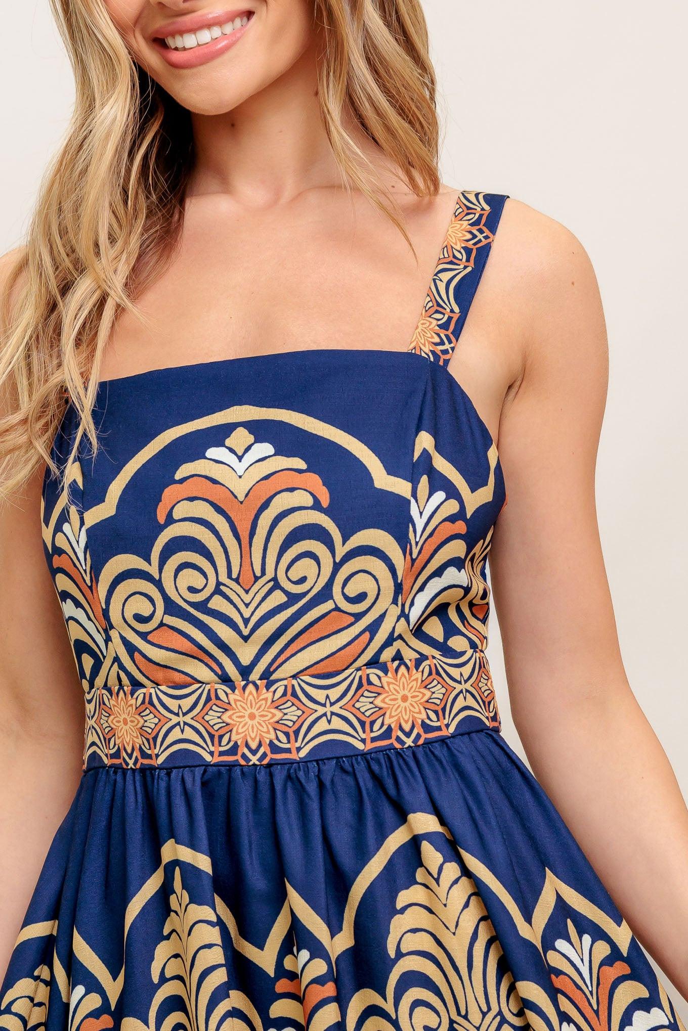 Sahara Dreams Woven Midi Dress in navy, view 4 — Soul Flow Apparel
