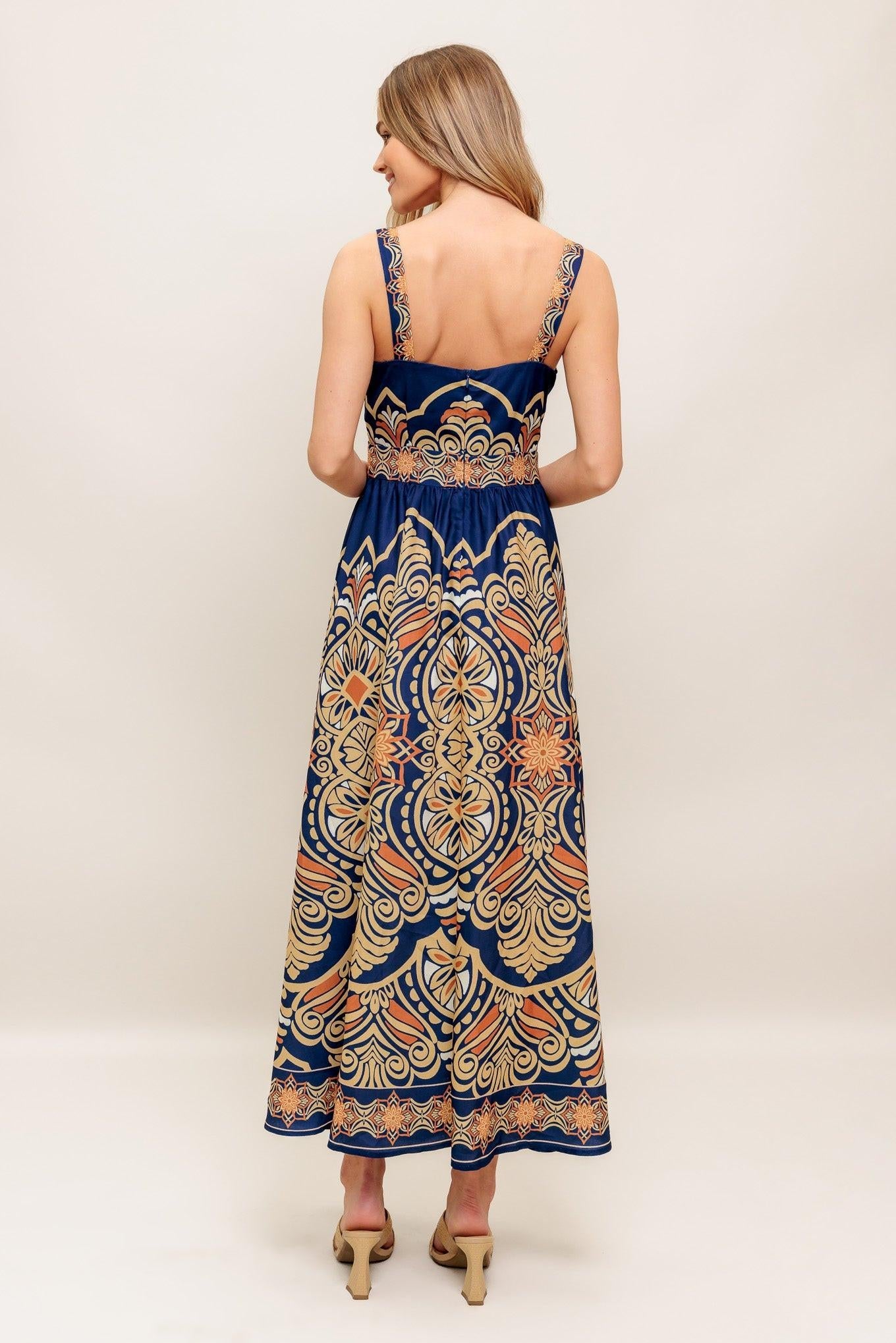 Sahara Dreams Woven Midi Dress in navy, view 5 — Soul Flow Apparel