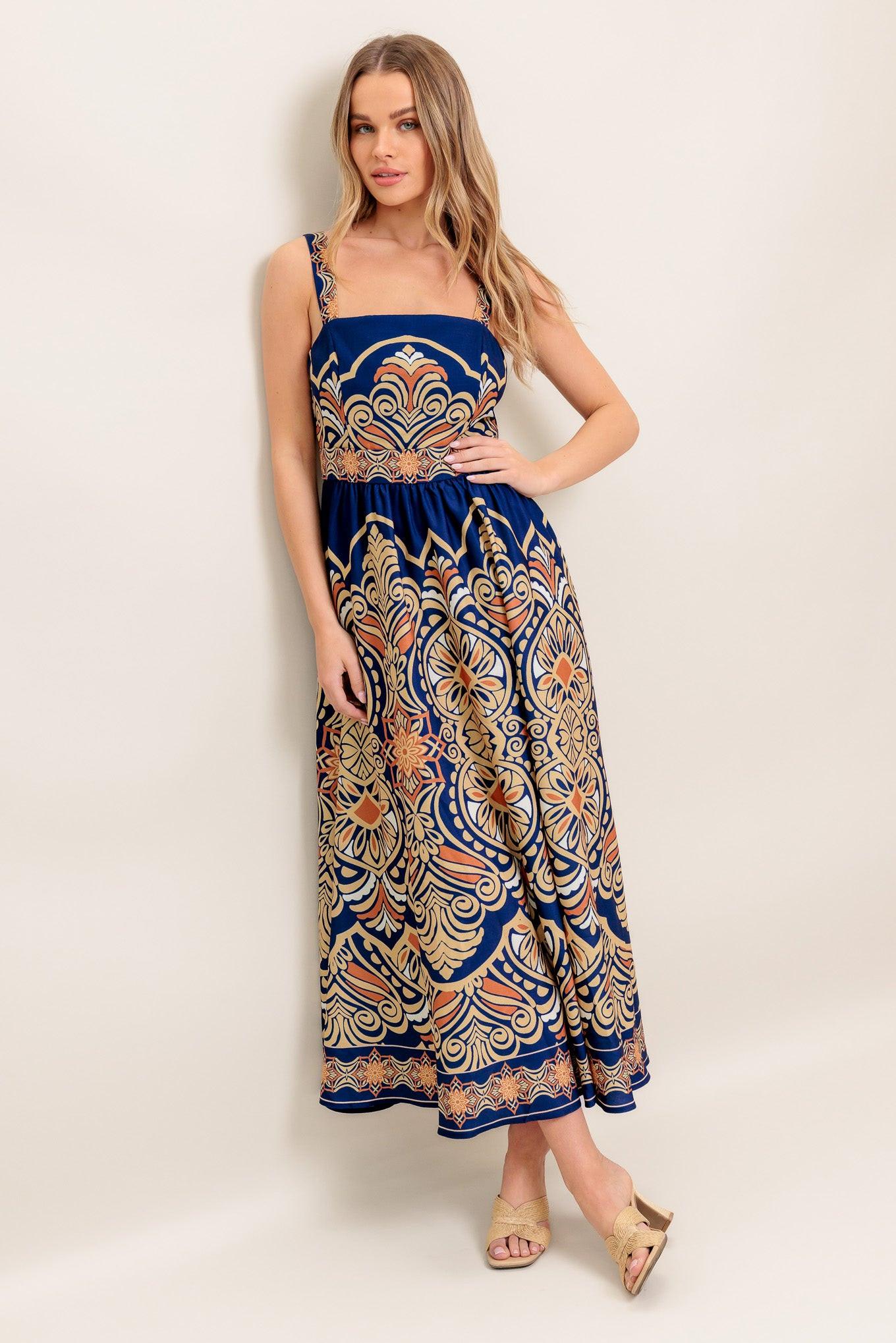Sahara Dreams Woven Midi Dress in navy, view 6 — Soul Flow Apparel