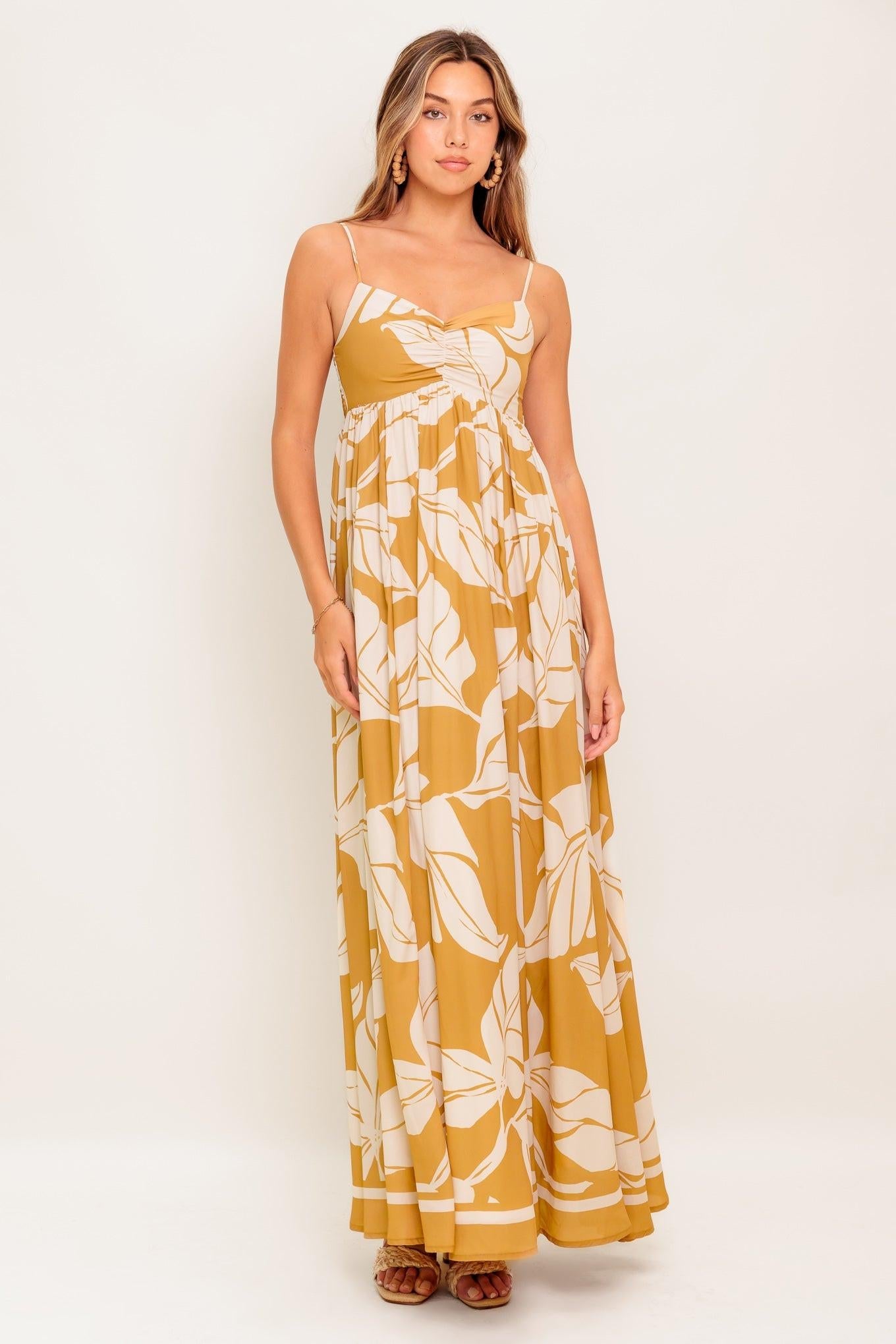 Heart of Hydrangea Woven Maxi Dress in camel, view 1 — Soul Flow Apparel