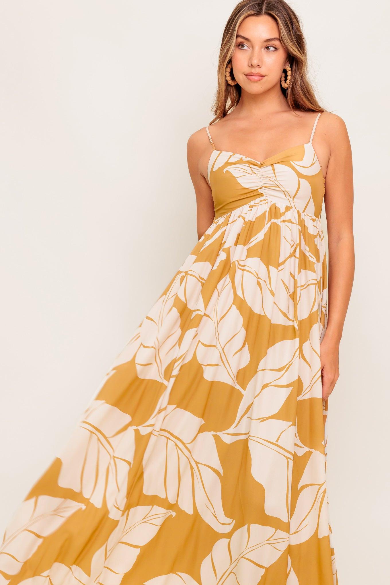 Heart of Hydrangea Woven Maxi Dress in camel, view 2 — Soul Flow Apparel