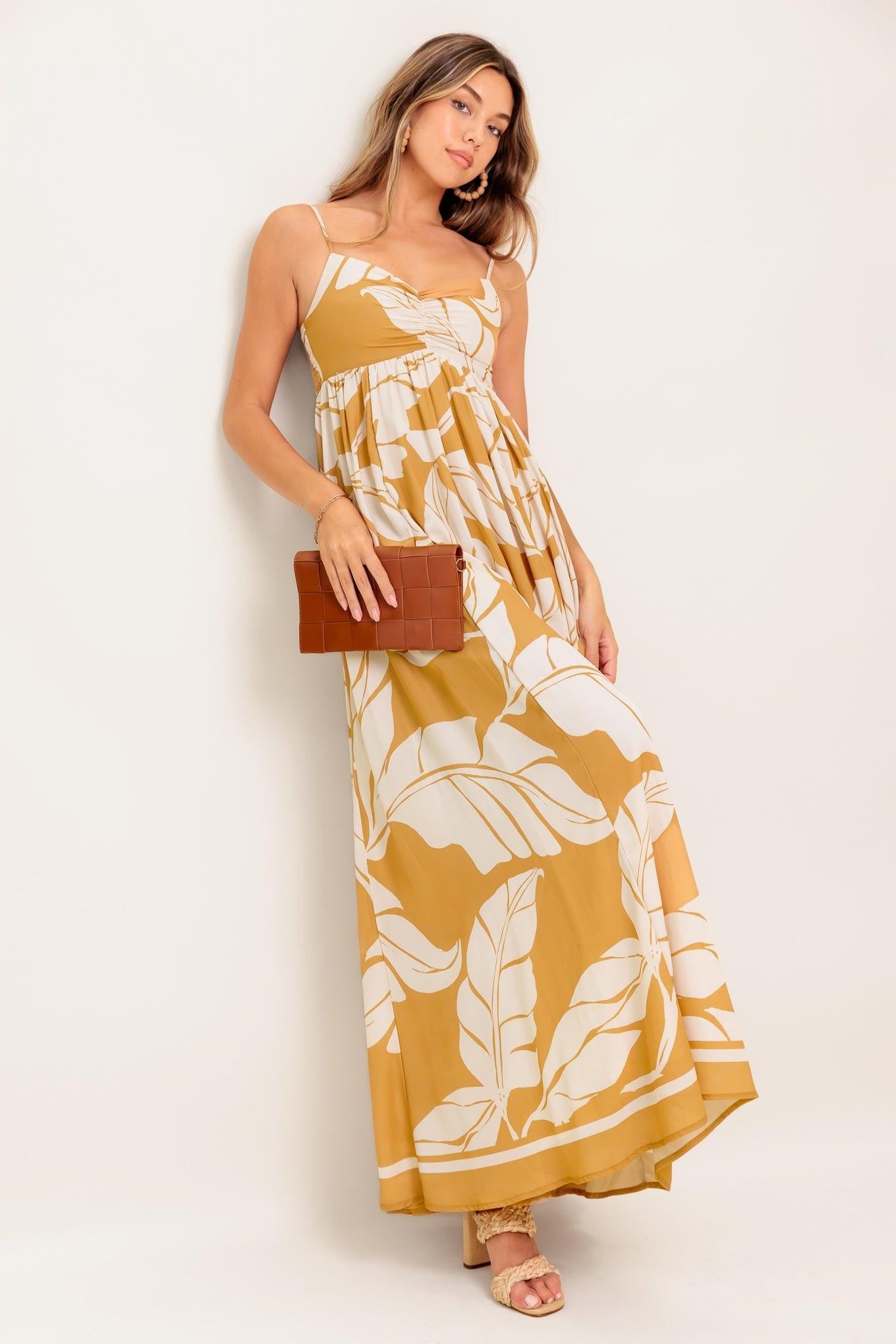 Heart of Hydrangea Woven Maxi Dress in camel, view 5 — Soul Flow Apparel