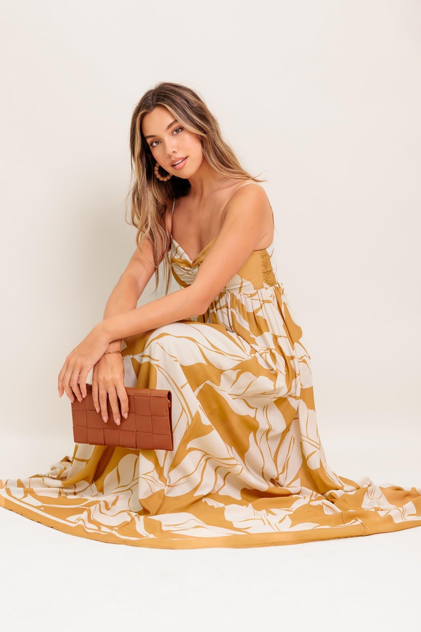 Heart of Hydrangea Woven Maxi Dress in camel, view 7 — Soul Flow Apparel