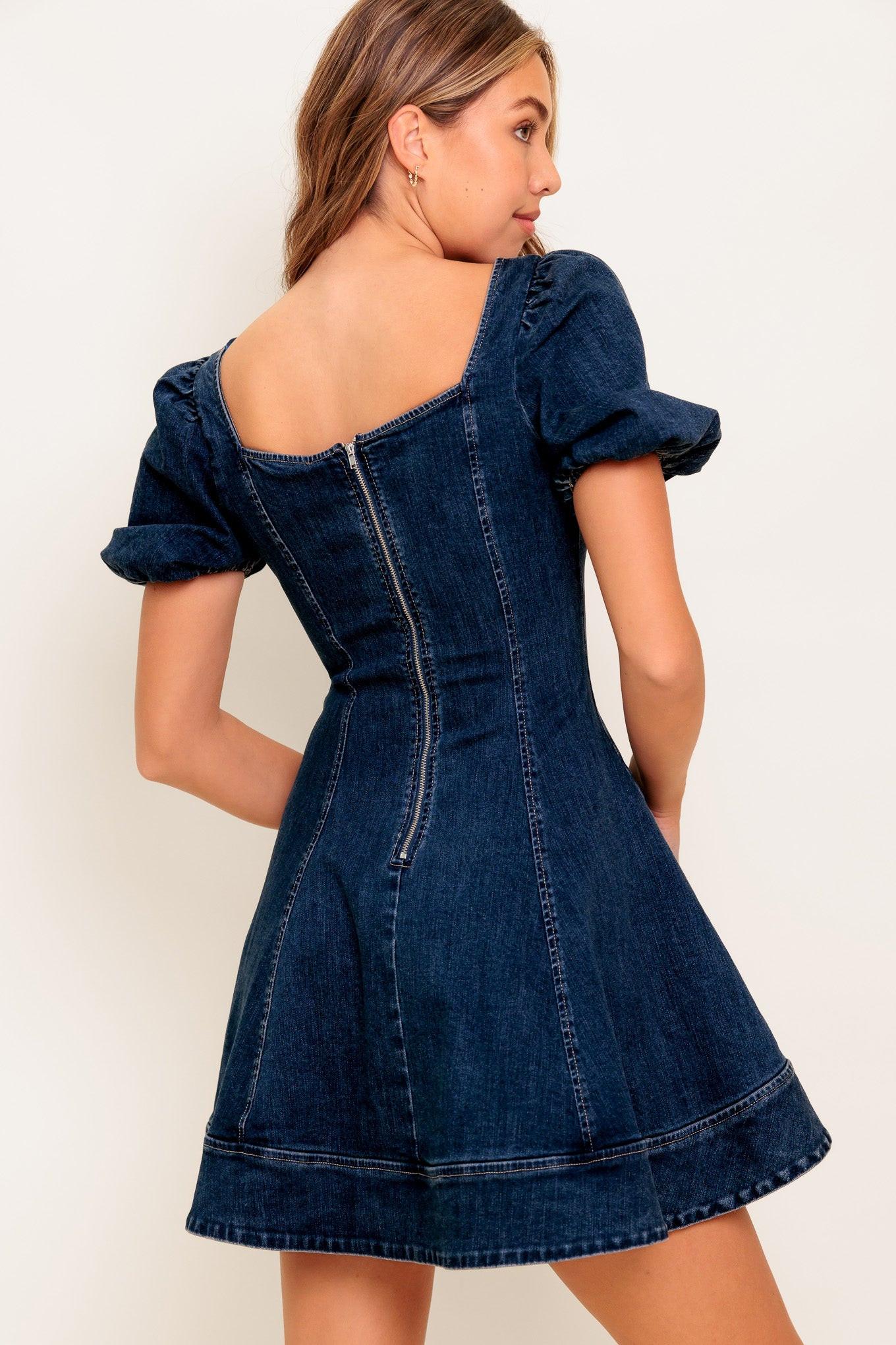 Dark Midnight Denim Mini Dress in indigo, view 6 — Soul Flow Apparel