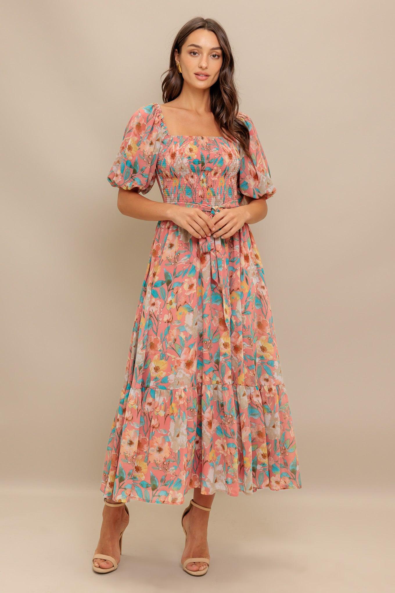 Rosy Twilight Woven Midi Dress in rose, view 1 — Soul Flow Apparel