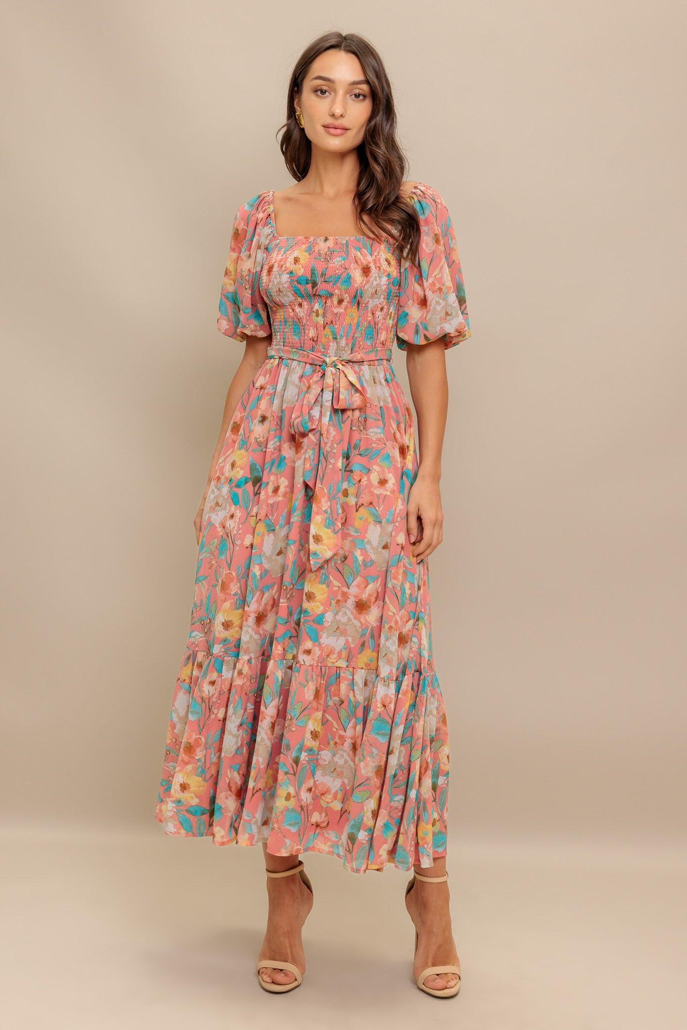Rosy Twilight Woven Midi Dress in rose, view 2 — Soul Flow Apparel