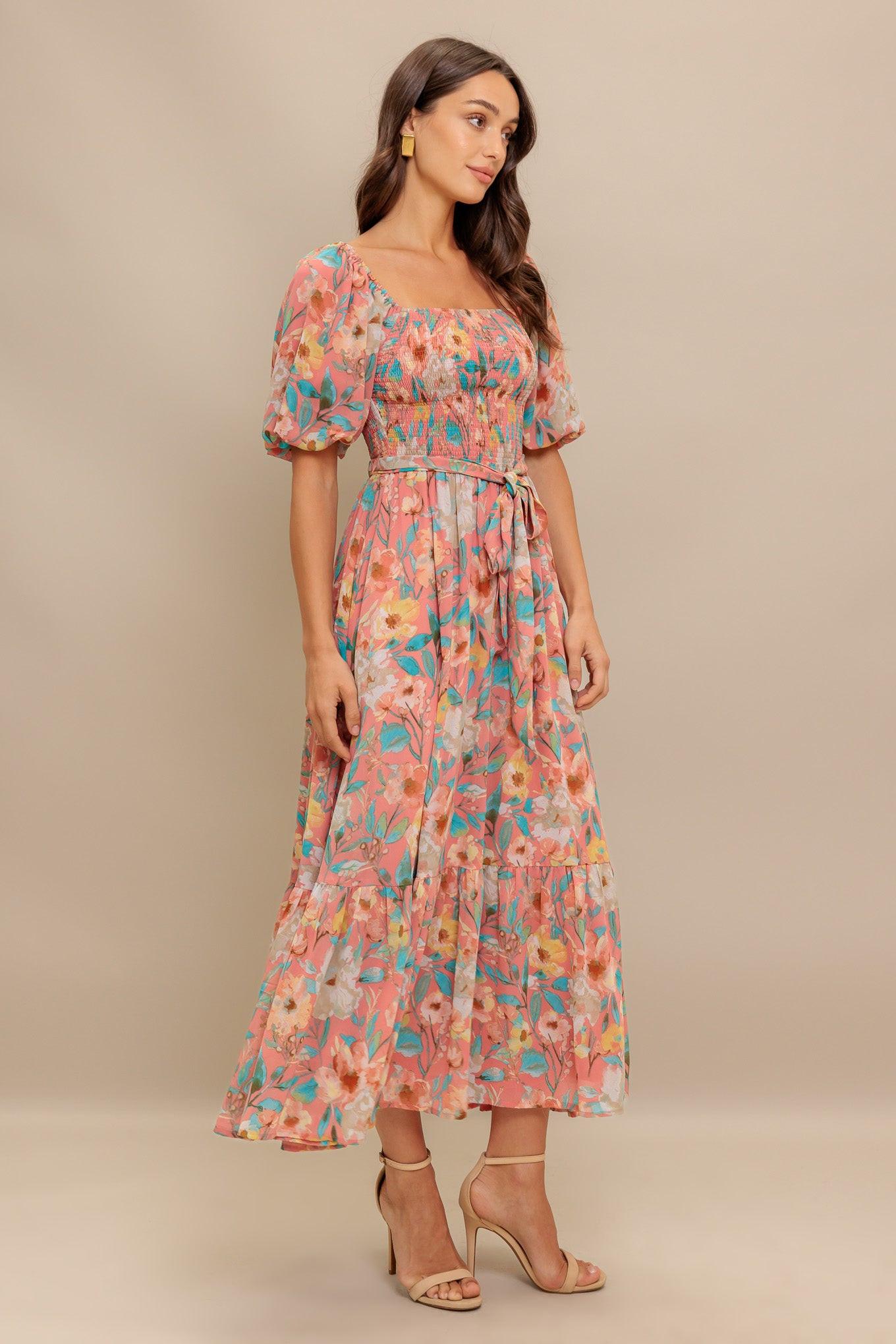 Rosy Twilight Woven Midi Dress in rose, view 4 — Soul Flow Apparel