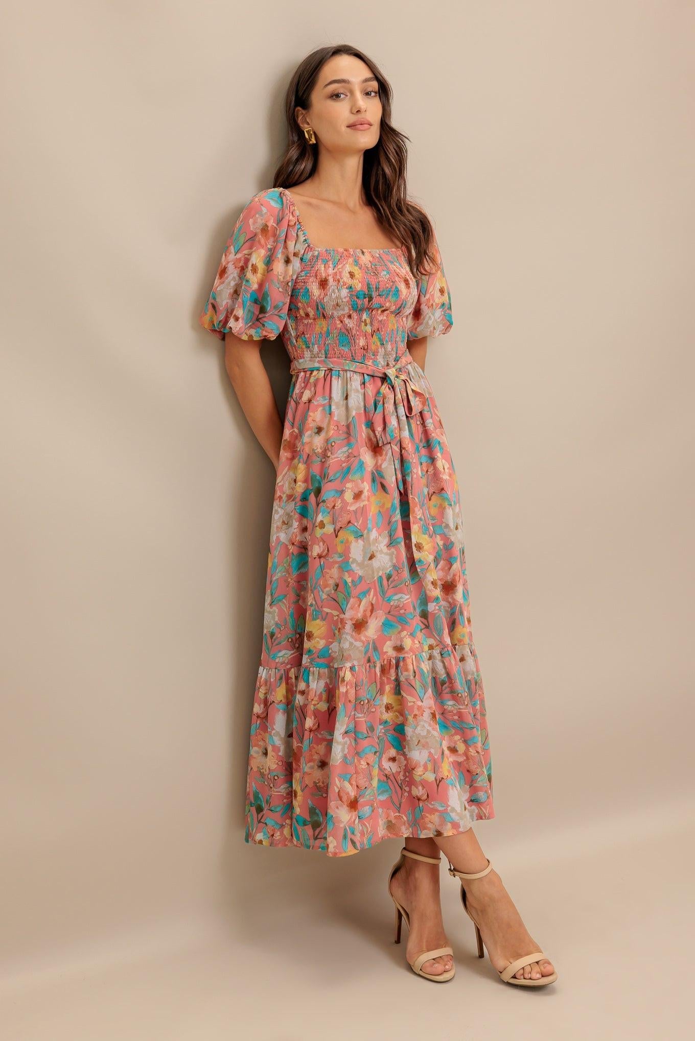 Rosy Twilight Woven Midi Dress in rose, view 6 — Soul Flow Apparel