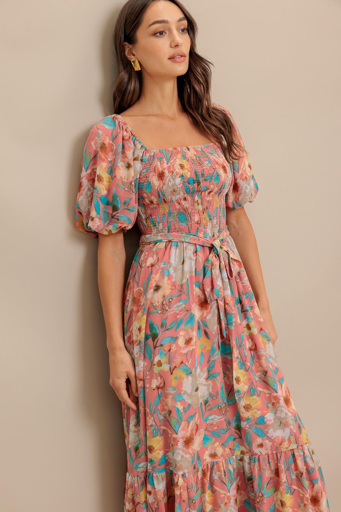 Rosy Twilight Woven Midi Dress in rose, view 7 — Soul Flow Apparel