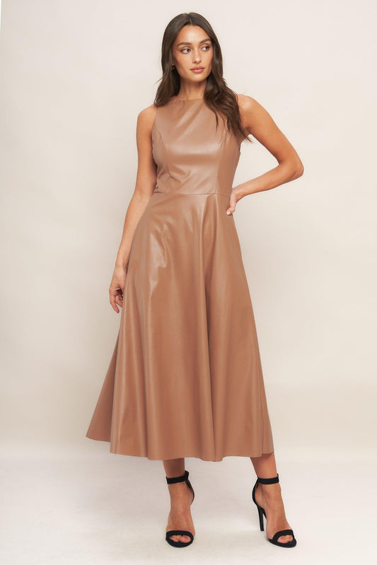Bare Sophistique Faux Leather Midi Dress in camel, view 2 — Soul Flow Apparel