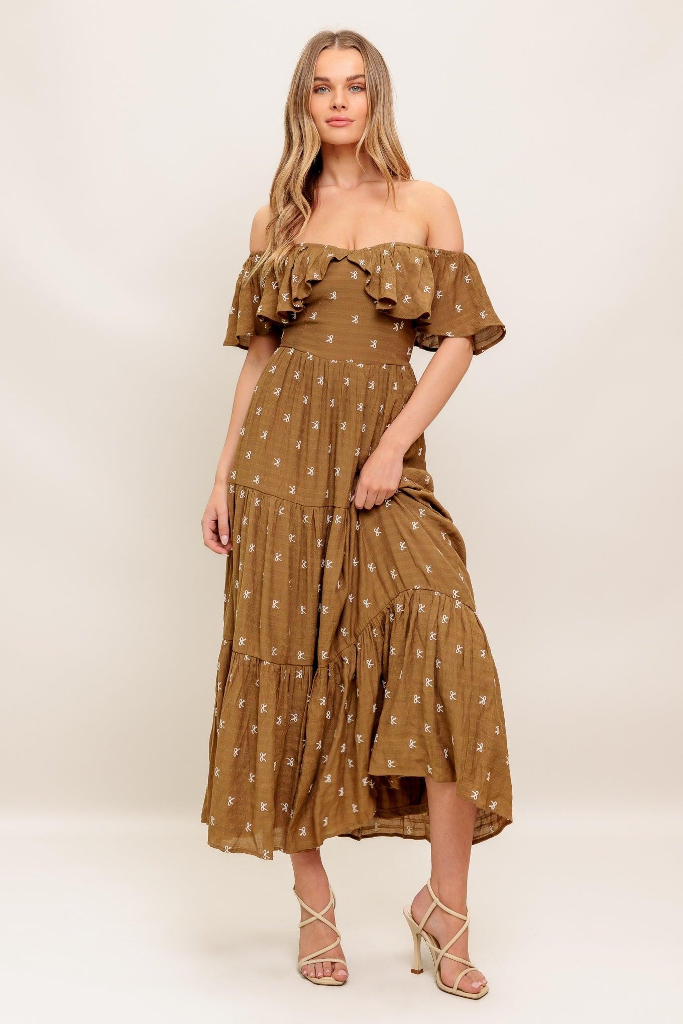 Belle Amour Brown Woven Midi Dress, view 1 — Soul Flow Apparel