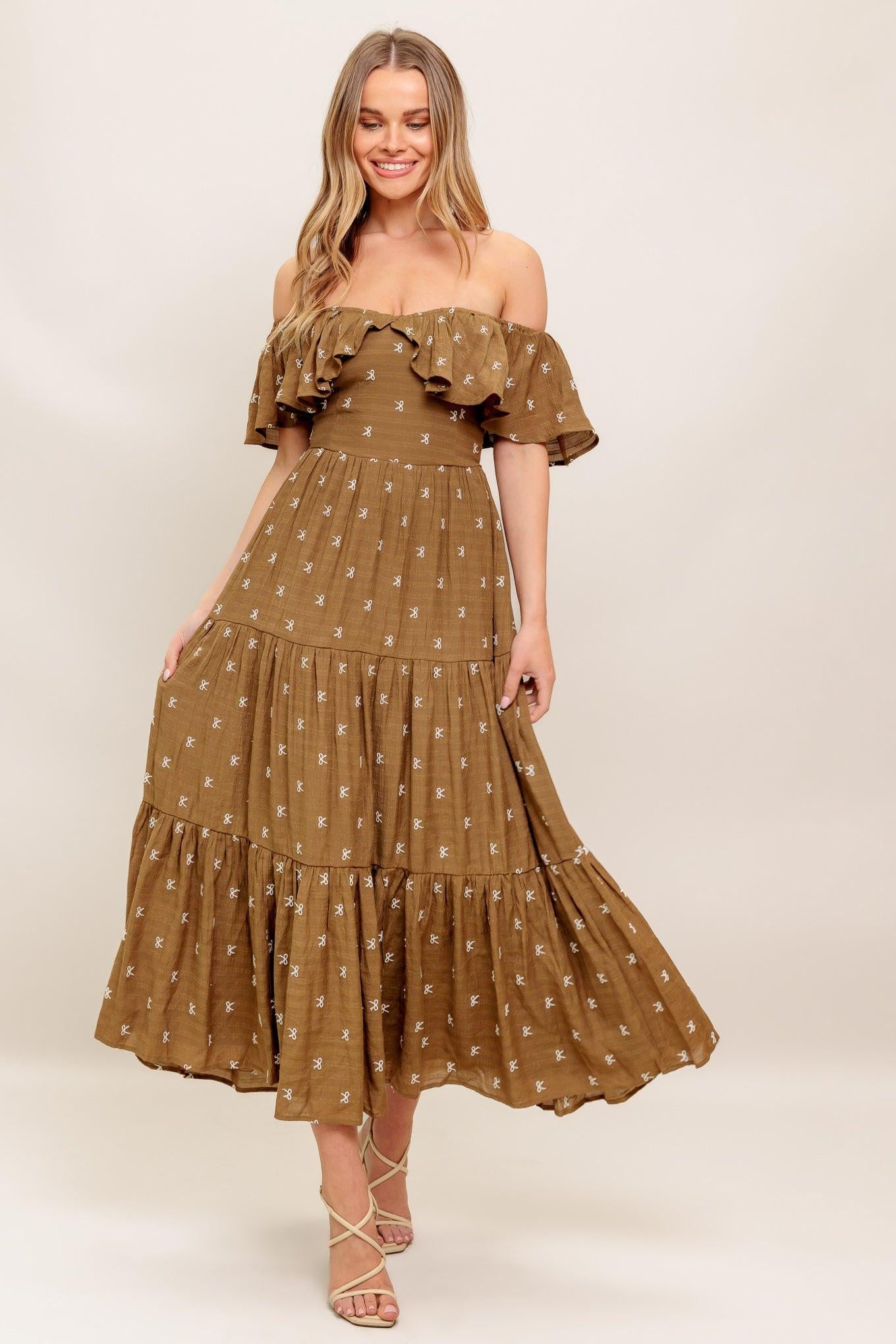 Belle Amour Brown Woven Midi Dress, view 2 — Soul Flow Apparel
