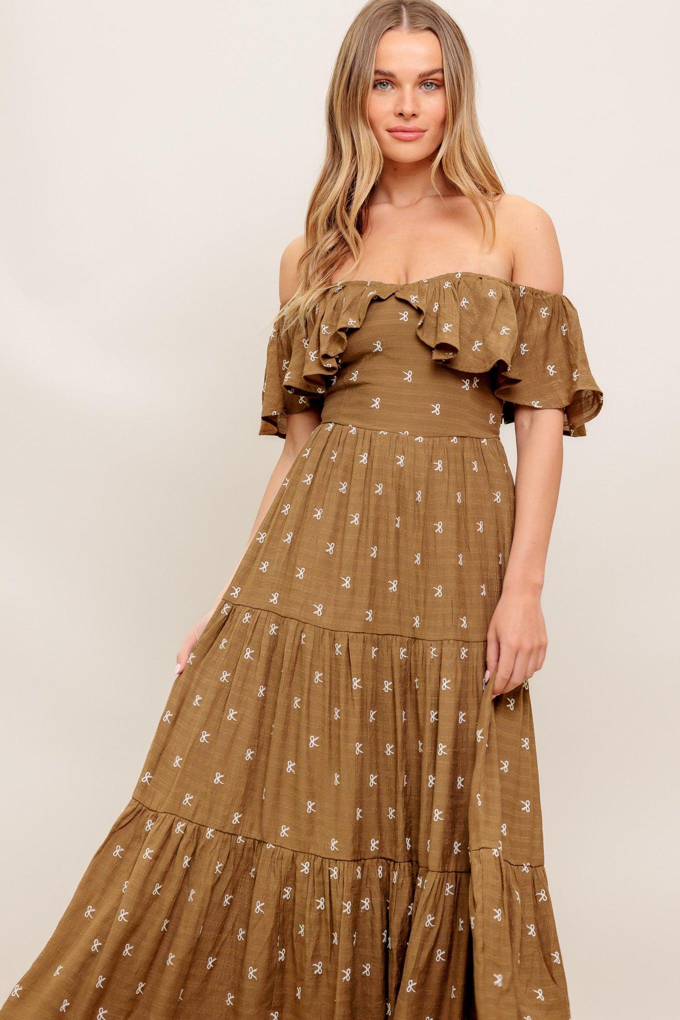 Belle Amour Brown Woven Midi Dress, view 3 — Soul Flow Apparel