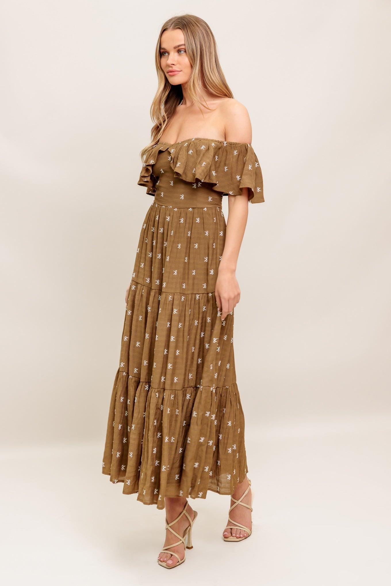 Belle Amour Brown Woven Midi Dress, view 5 — Soul Flow Apparel