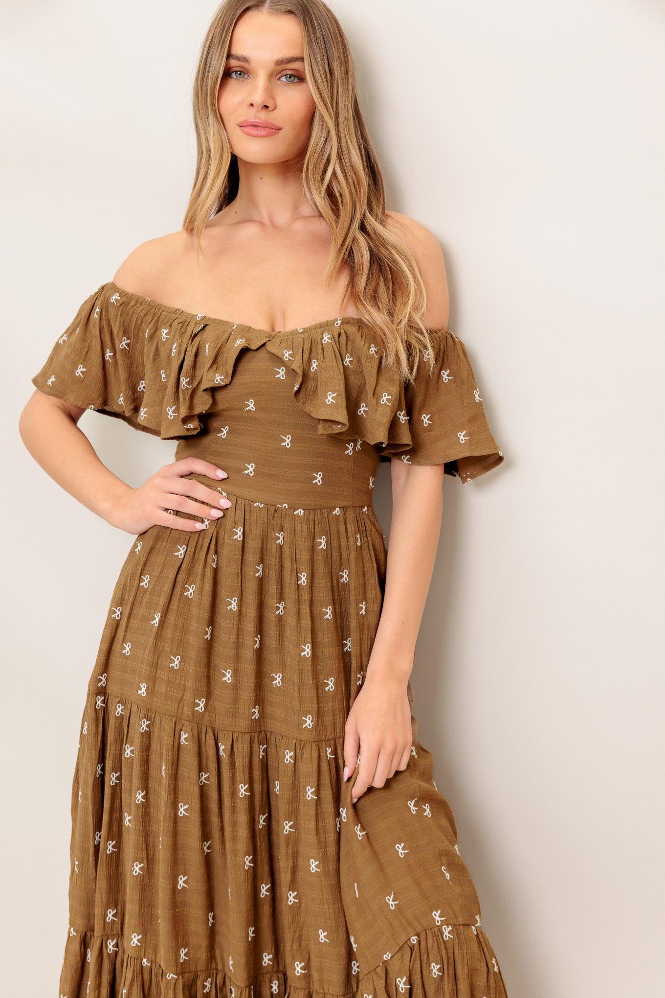Belle Amour Brown Woven Midi Dress, view 7 — Soul Flow Apparel