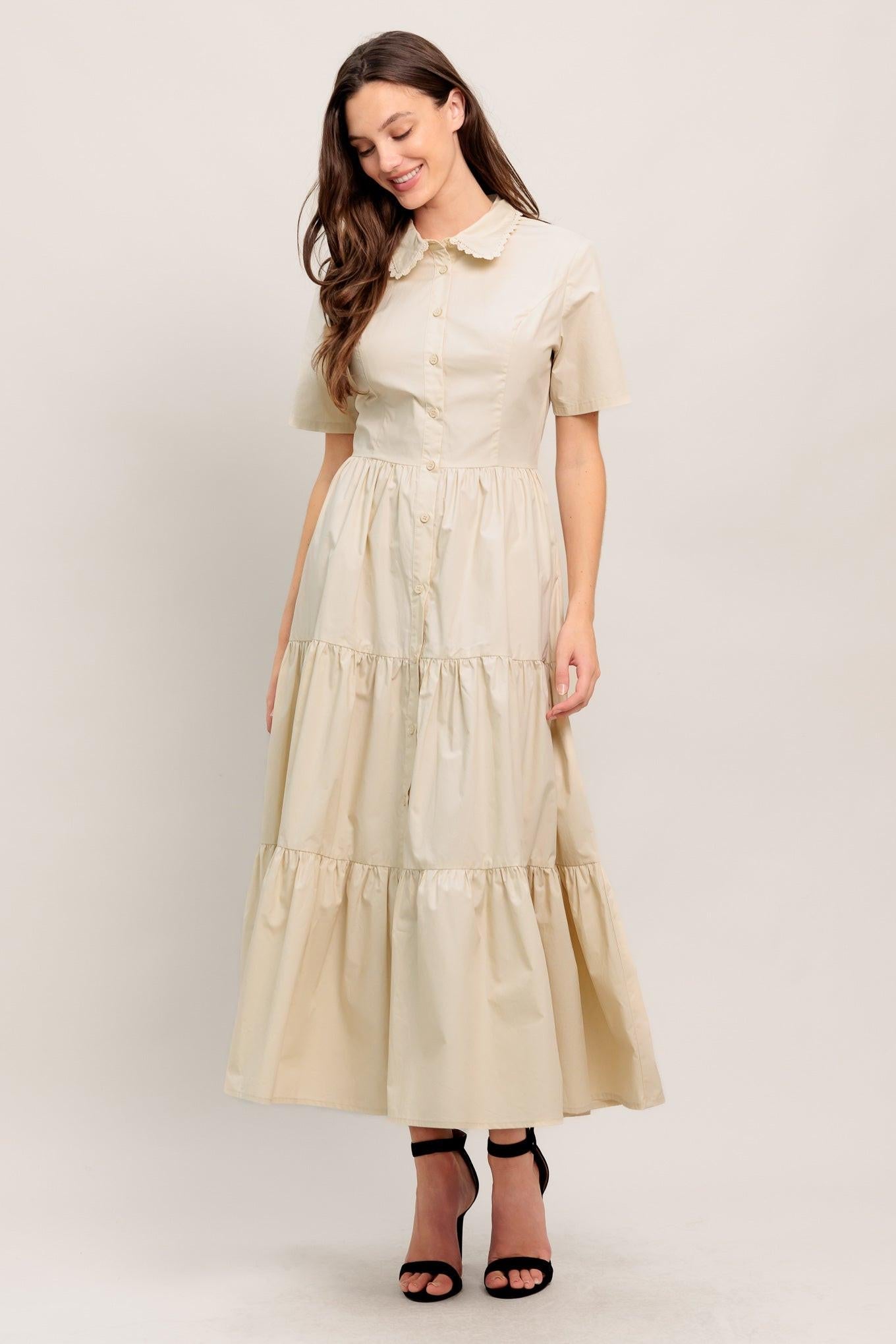 Worth the Wait Woven Midi Dress in beige, view 1 — Soul Flow Apparel
