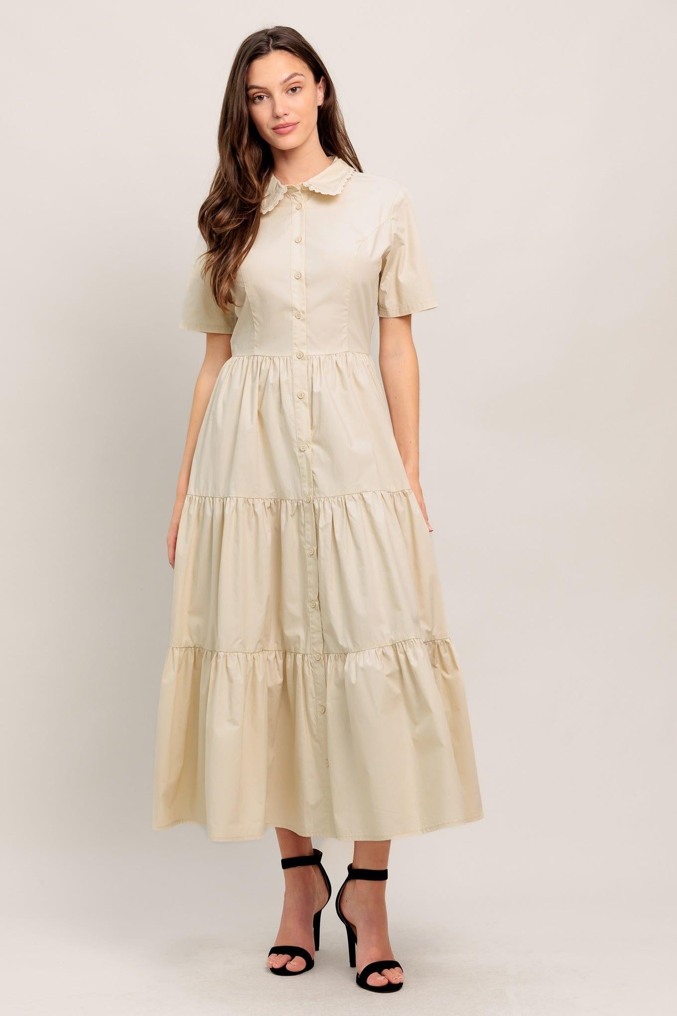 Worth the Wait Woven Midi Dress in beige, view 2 — Soul Flow Apparel